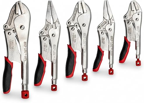 Grip-Lok Locking Plier Set 5pc Straight and Long Nose Pliers Adjustable Tension Quick Release Reinforced Jaws Durability Heavy Duty Multi Size Grips for Automotive Repair Garage Workshop 3072-WW