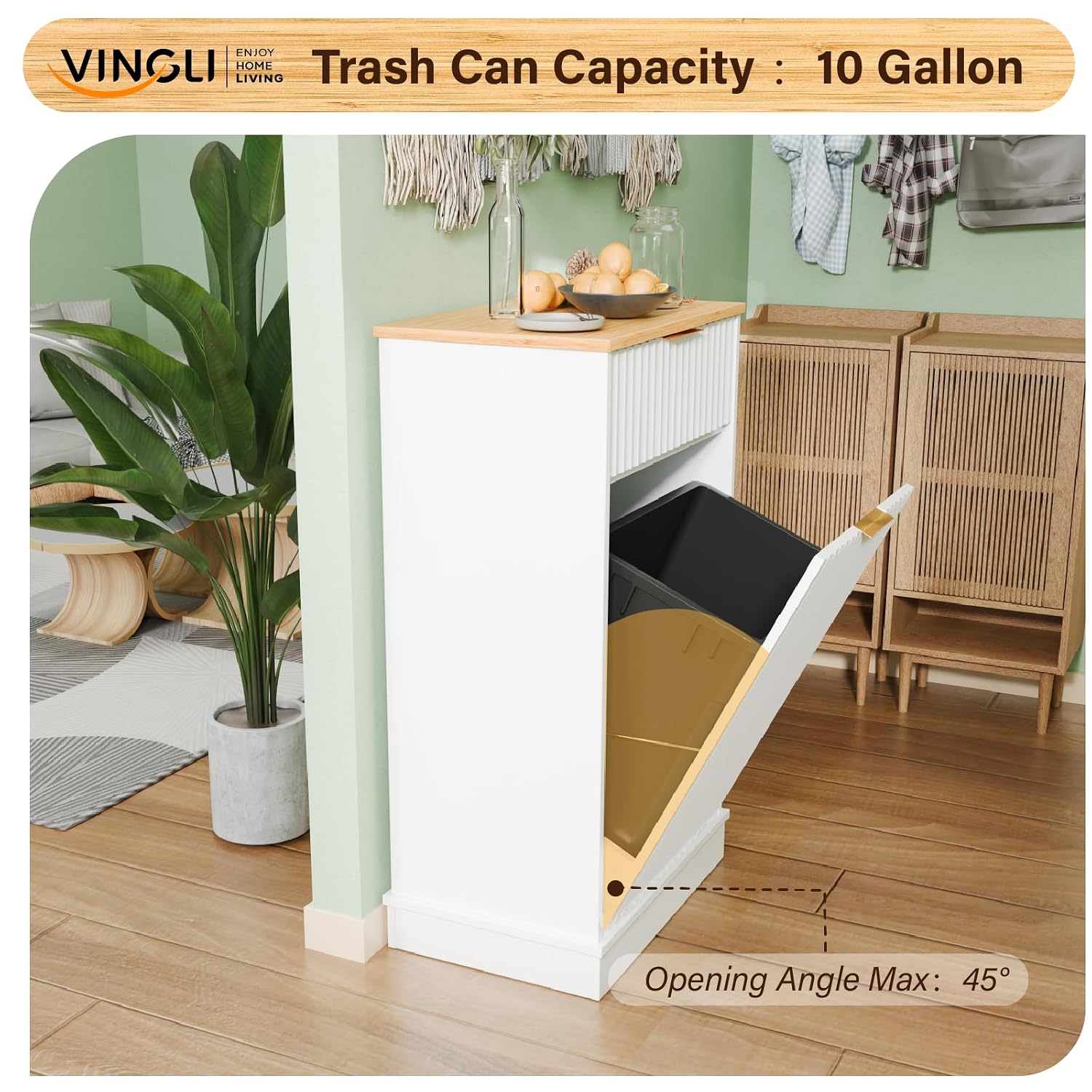 VINGLI 10 Gallon Tilt Out Trash Can Cabinet, White Wooden Fluted Garbage Cabinet with Drawer, Hidden Trash & Laundry Hamper for Kitchen, Living Room, and Laundry Room, White