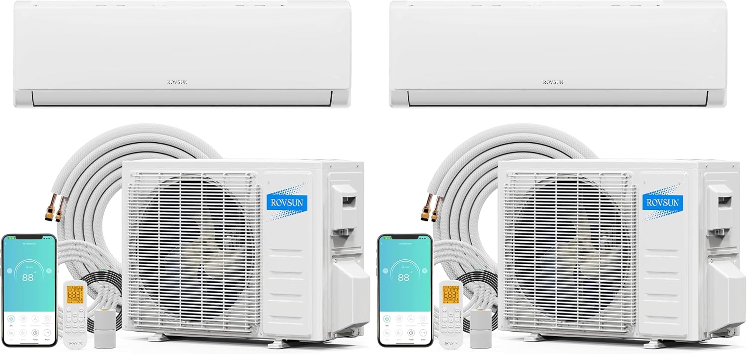 ROVSUN 9000 BTU Wifi Enabled Mini Split Air Conditioner & Heater with Inverter, 20 SEER2 Energy Saving 115V Ductless Split AC Unit with Pre-Charged Condenser, Heat Pump & Installation Kit (Pack of 2)