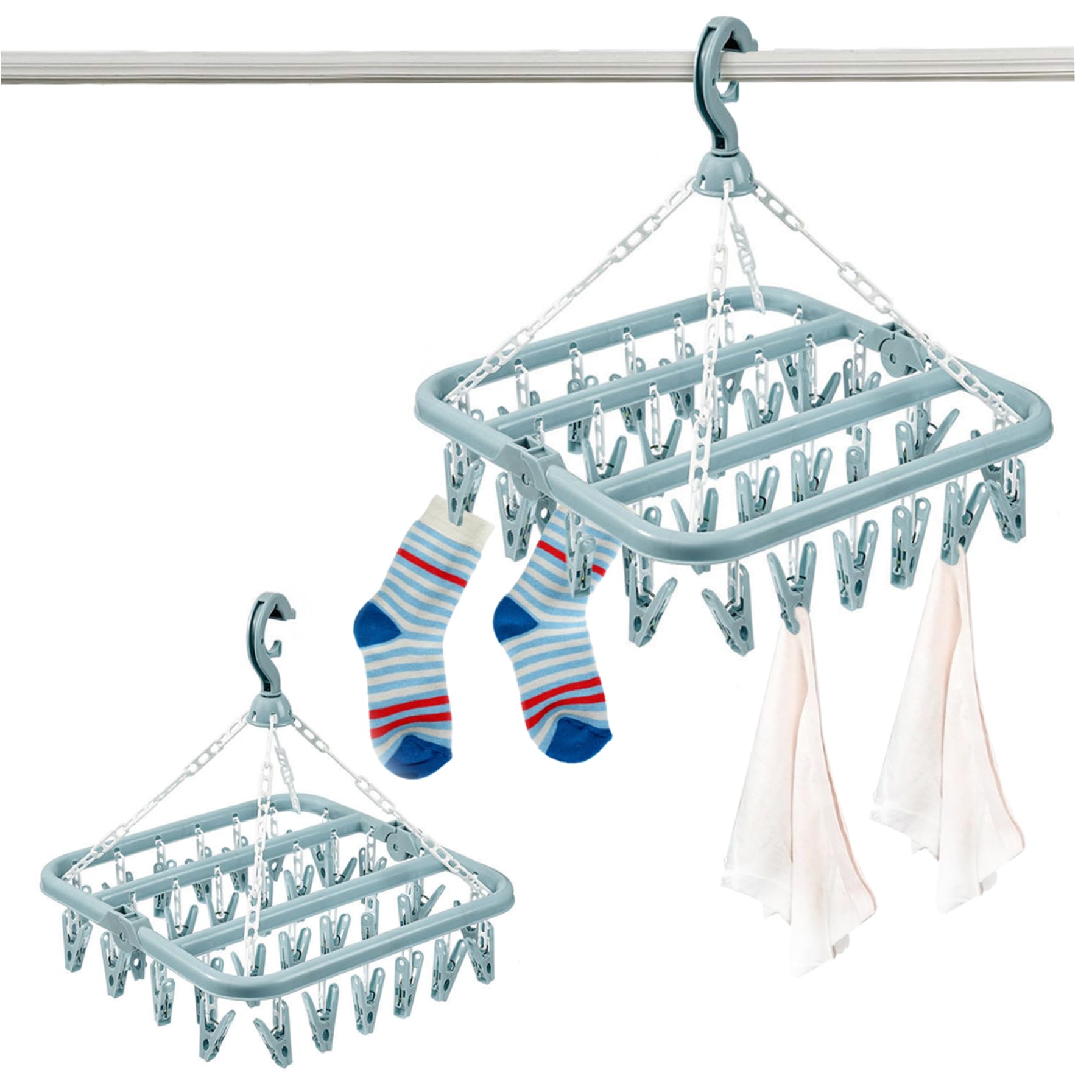 Elyebxj 2PCS Clothes Drying Rack, Sock Hanger for Washing Line, Folding Sock Dryer with 32 Pegs, for Underwear Baby Clothes Blue