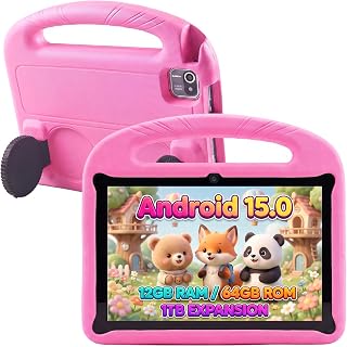 Android 15 Kids Tablet 10.1 Inch IPS 1280x800 HD Display, 12GB RAM+64GB Storage, A333 Quad Core CPU, 6000mAh Battery, Dual Camera, Bluetooth 5.0, 2.4G+5G WiFi6