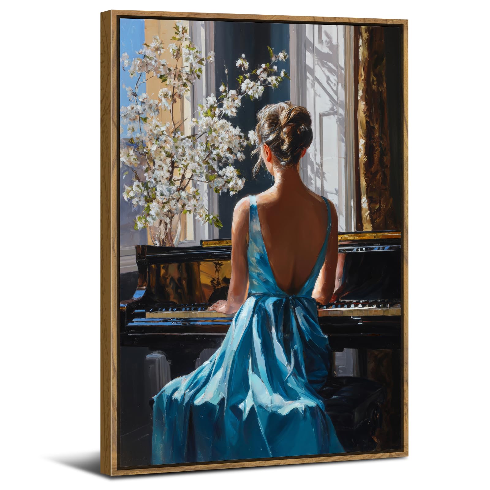 Elegant Pianist Canvas Wall Art Retro Framed Wall Decor Playing Piano Woman Pictures for Musical Girls Room Decorations, Nature Scenic Poster Romantic Aesthetic Prints Arts 24x36 inch Ready To Hang