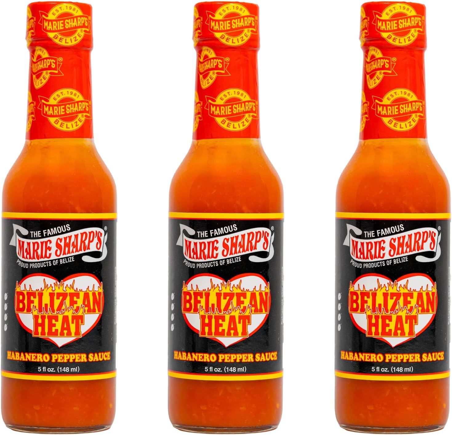 Marie Sharp’s Belizean Heat Habanero Pepper Sauce, 5 oz | Extra Hot Gourmet Hot Sauce from Belize | All-Natural, No Artificial Preservatives | Bold Flavor with Fiery Kick (Pack of 3)