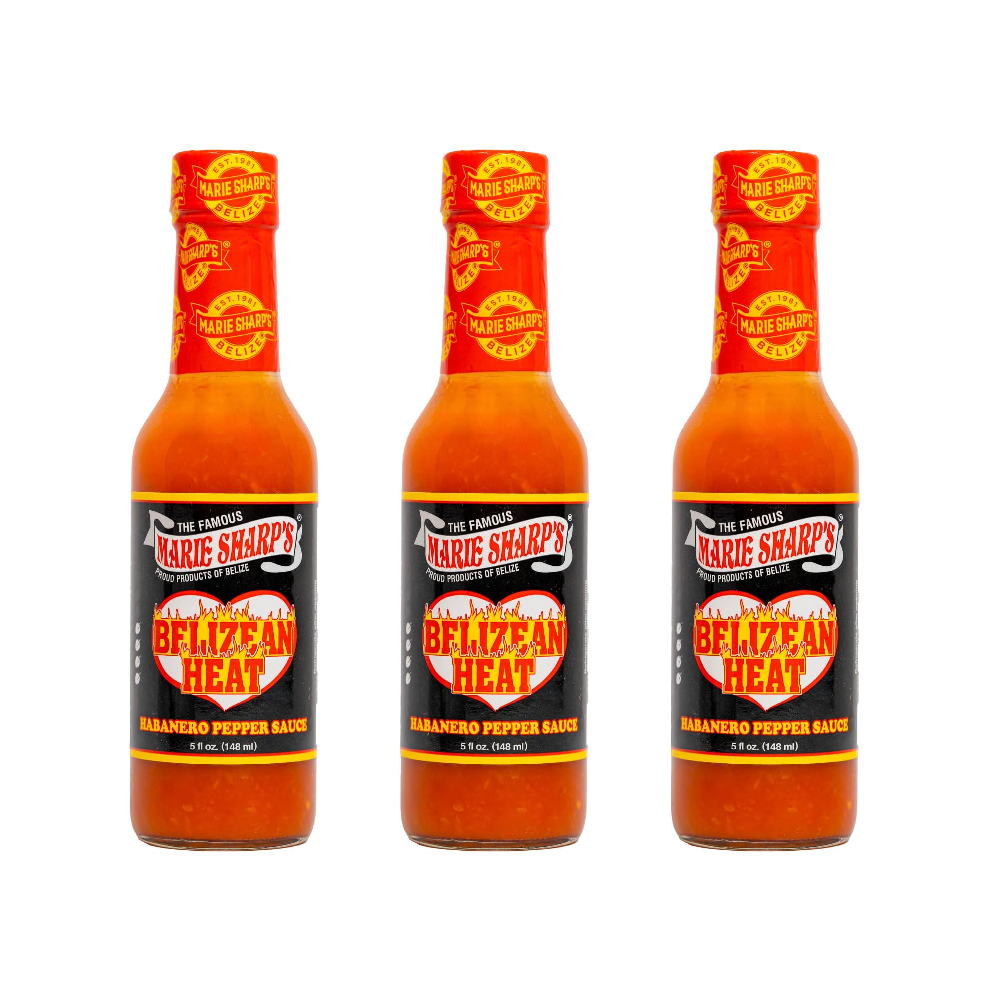 Marie Sharp’s Belizean Heat Habanero Pepper Sauce, 5 oz | Extra Hot Gourmet Hot Sauce from Belize | All-Natural, No Artificial Preservatives | Bold Flavor with Fiery Kick (Pack of 3)