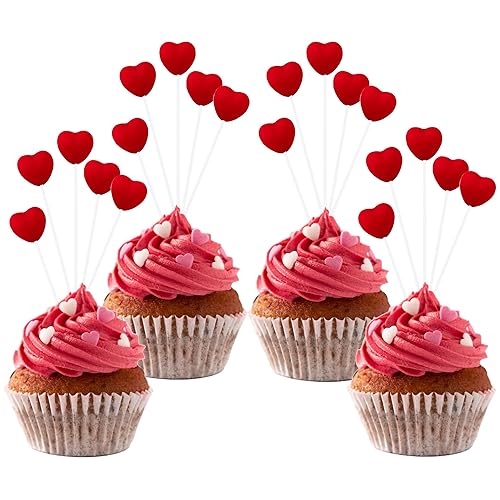 Gyufise Paquete de 24 adornos para magdalenas del día de San Valentín, con purpurina rosa, doble capa, 3D, corazones de amor, cupcakes, tema del día