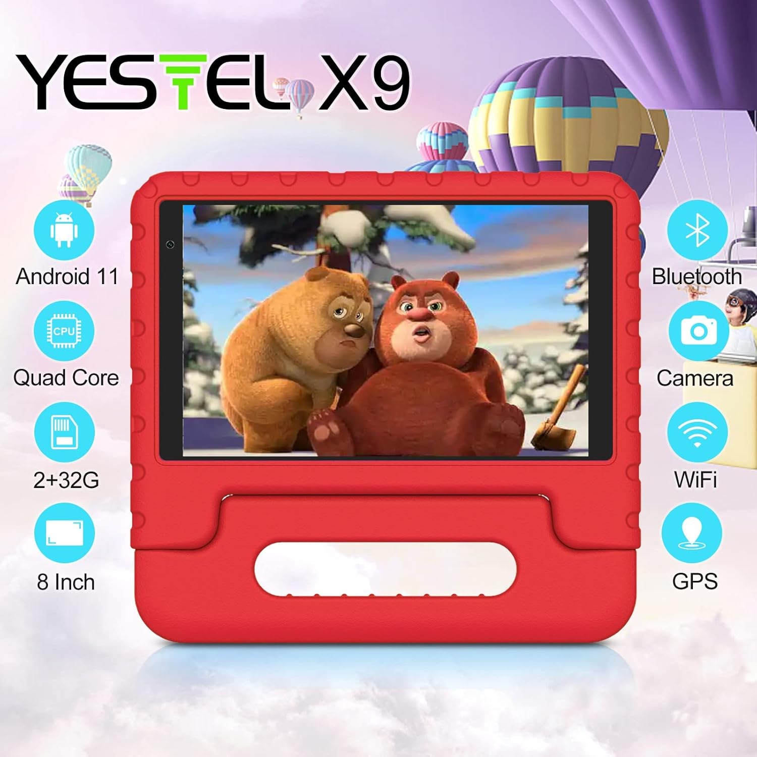 YESTEL Tablet per Bambini da 8 Pollici FHD con Risoluzione 1280 * 800 IPS, WiFi 6, Android 11, 2GB di RAM e 32GB di Memoria Interna (Fino a 1TB). Inclusa Custodia Protettiva a Prova di Bambino, Rosso
