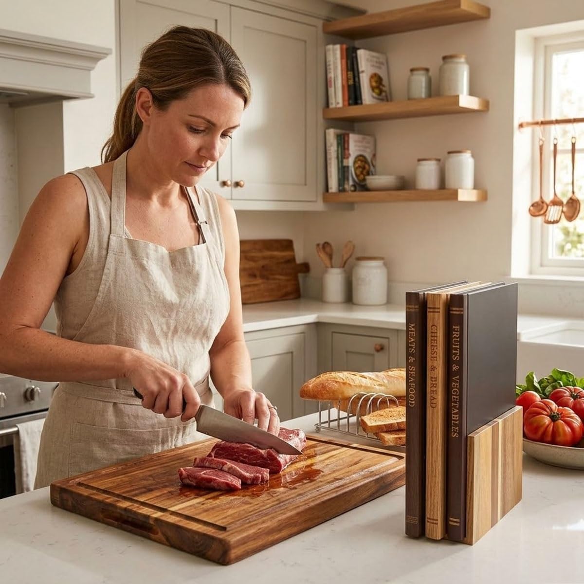 Wood Cutting Board, Durable Acacia Wood Cutting Boards Set of 3 for Kitchen 12.99" L x 9" W Butcher Block for Meat, Vegetables, Fruit, Books Book Cutting Board Set Looks like Books