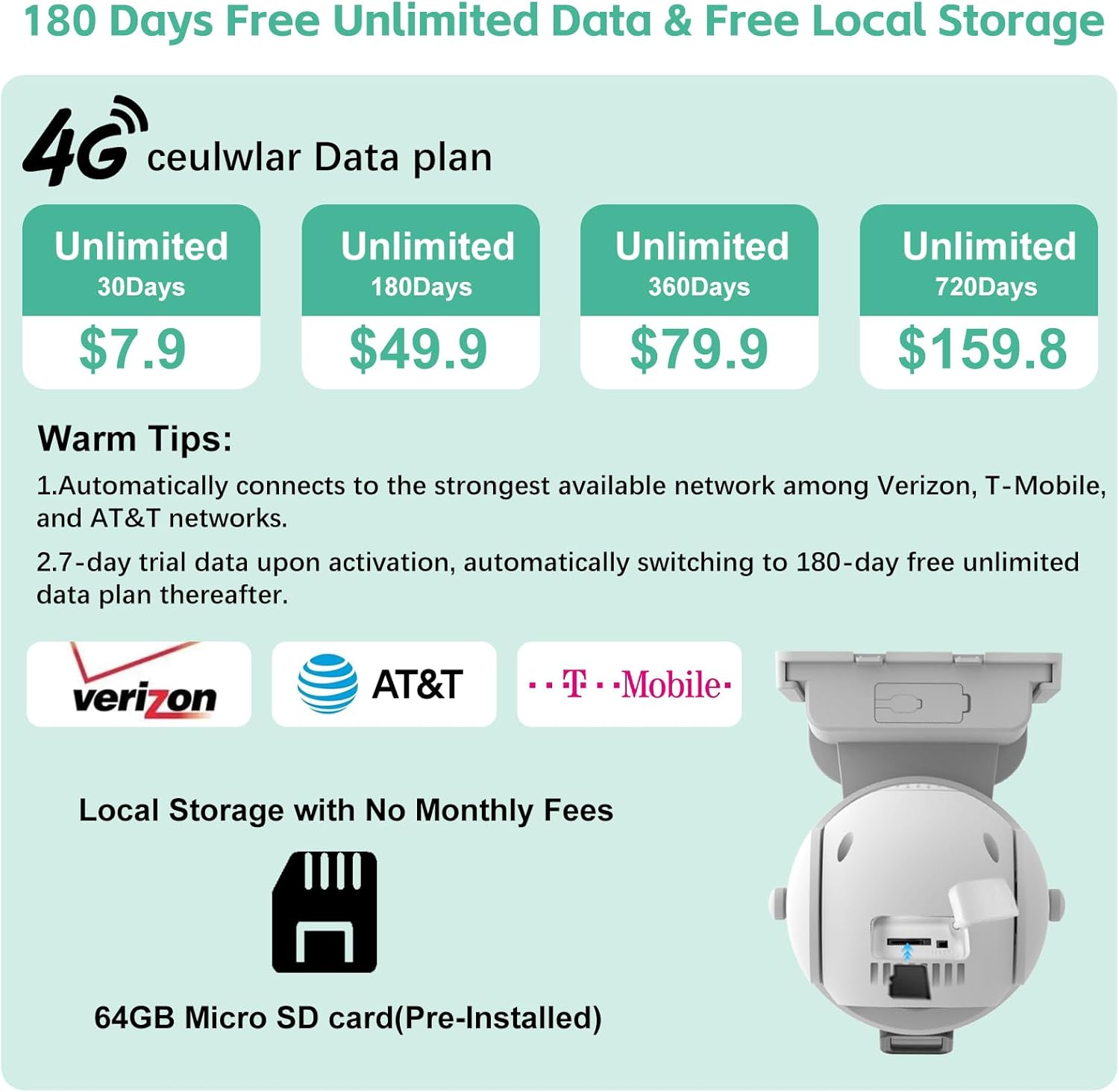 4G LTE Cellular Security Camera Dual Lens Outdoor,180-Day Unlimited Data,2K Wireless Solar Security Camera,360° Pan and Tilt,PIR Motion,Sensor Color Night Vision,Built-in VSIM,64GB SD Card - Image 2