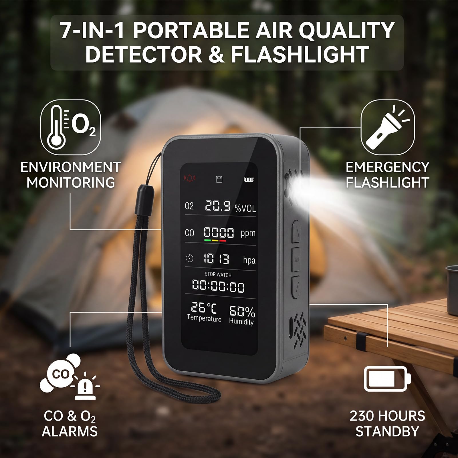 Fafeicy Rilevatore di qualità Dell'aria, Tester Esterno Portatile con Torcia di Emergenza e Allarme di Rilevamento di Ossigeno, Display di Pressione di umidità e Temperatura, Grigio