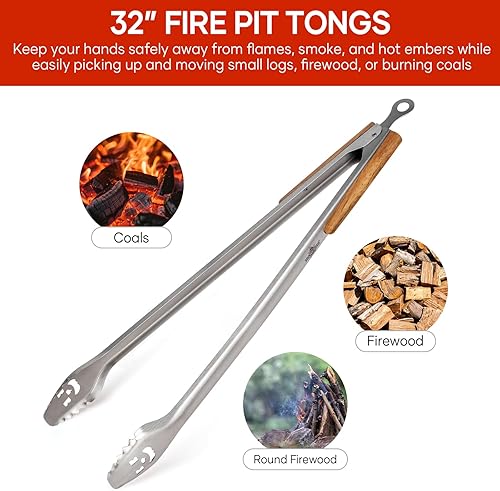 Miniatura 2 de Pinzas para hoguera de 32 pulgadas súper largas para cargar madera, barbacoa con mango de acacia de lujo extendido para hogueras, anillos de fuego,