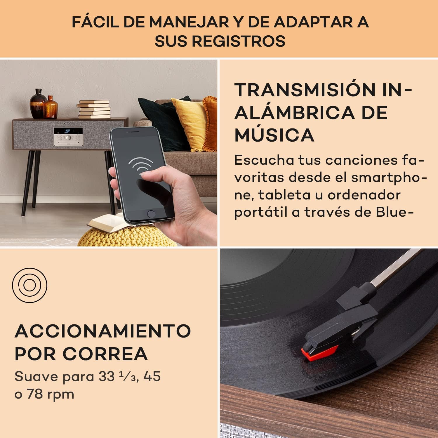 A person using a smartphone to stream music wirelessly to the AUNA Julie Ann Turntable via Bluetooth, demonstrating ease of use.
