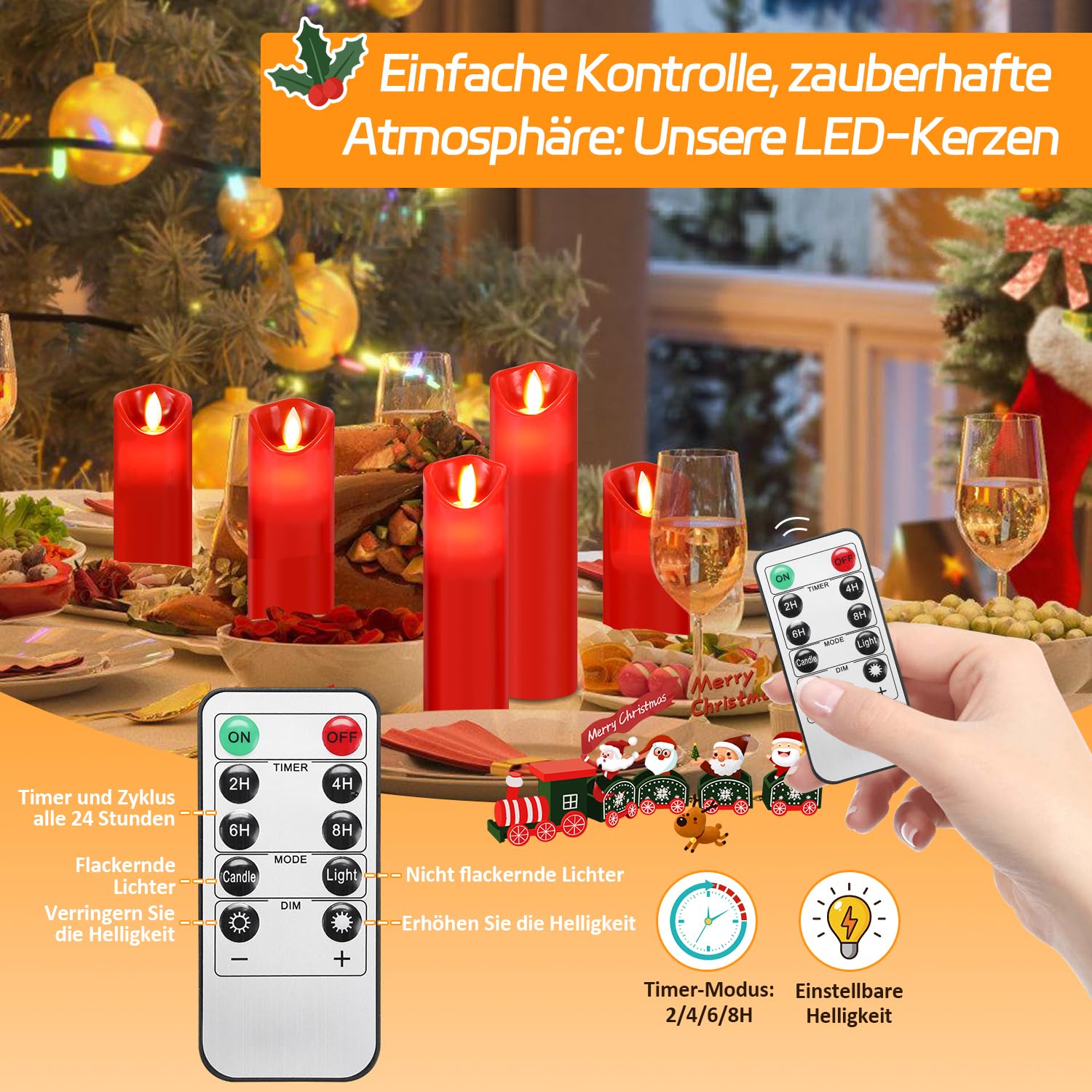 Randaco Led Kerzen mit Timerfunktion | Led Kerzen Flackernde Echtwachs mit 10-Tasten Fernbedienung |5er Set 13/14/16/18/20CM Flammenlose-Kerzen, Led-Kerzen (Rot)