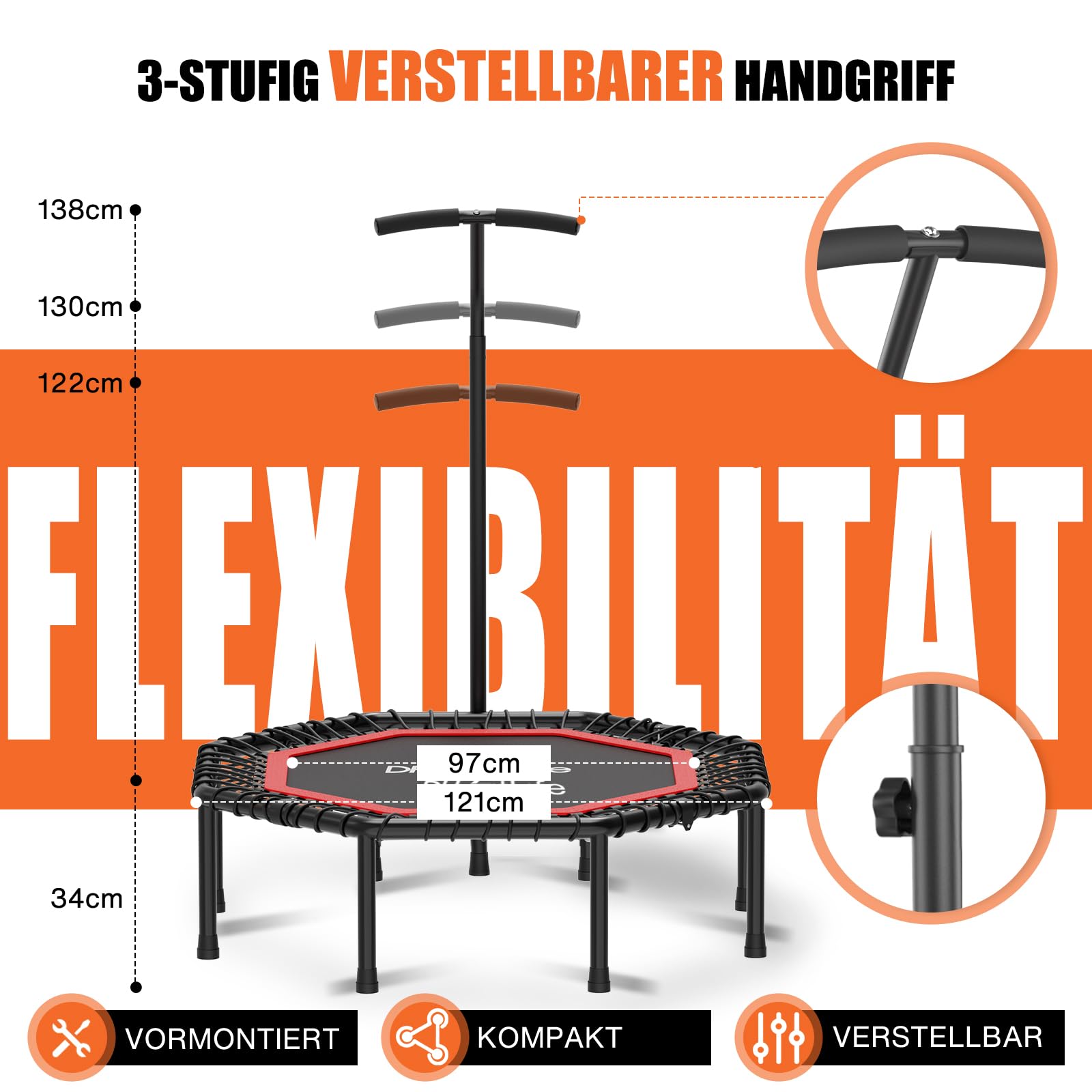 DH FitLife Fitness Indoor Trampolin klappbar mit vormontierter Sprungfläche | Ø121 cm 48 Zoll Trampoline | 150 kg Tragfähigkeit | 3-Fach Verstellbarer Handgriff | stabil & leise