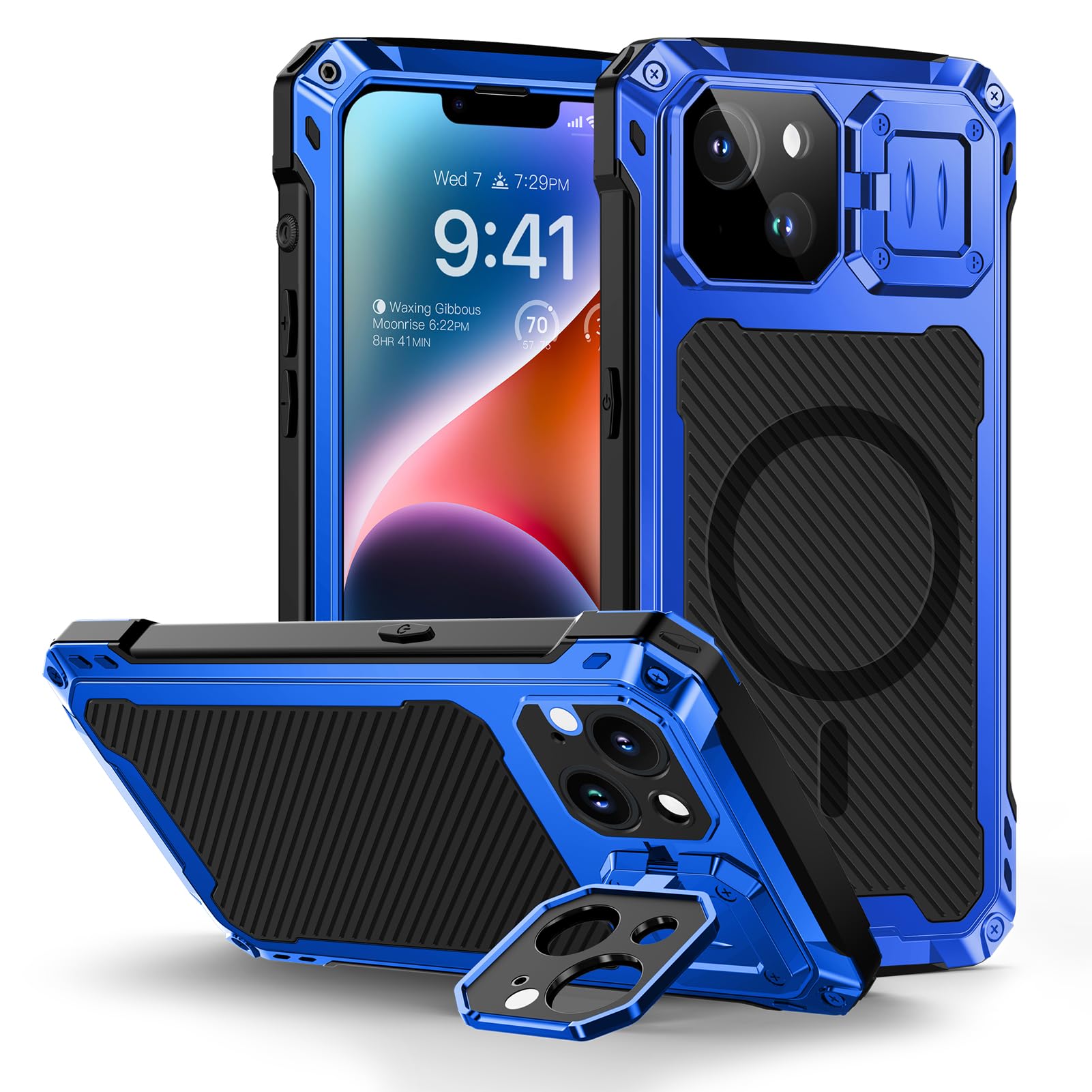 Lanhiem Magnetic for iPhone 14 Metal Case, [Built-in Camera Kickstand & Glass Screen Protector] Heavy Duty Shockproof Full Body Rugged Protective