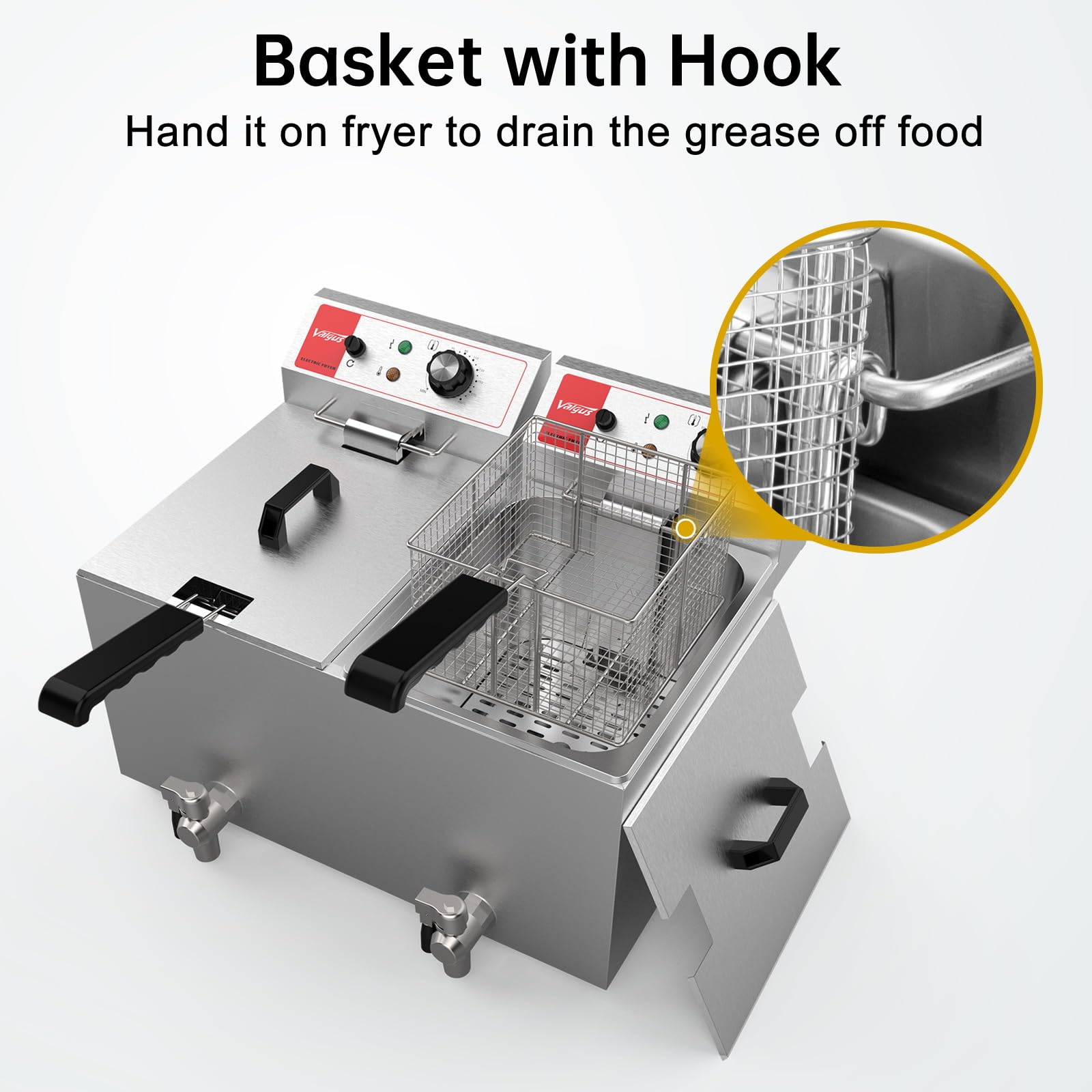 Valgus Friggitrice Professionale Elettrica a due vasche 3300W 26L Friggitrice elettrica da banco in acciaio inox di grande capacità con cestello e coperchio, sistema di drenaggio