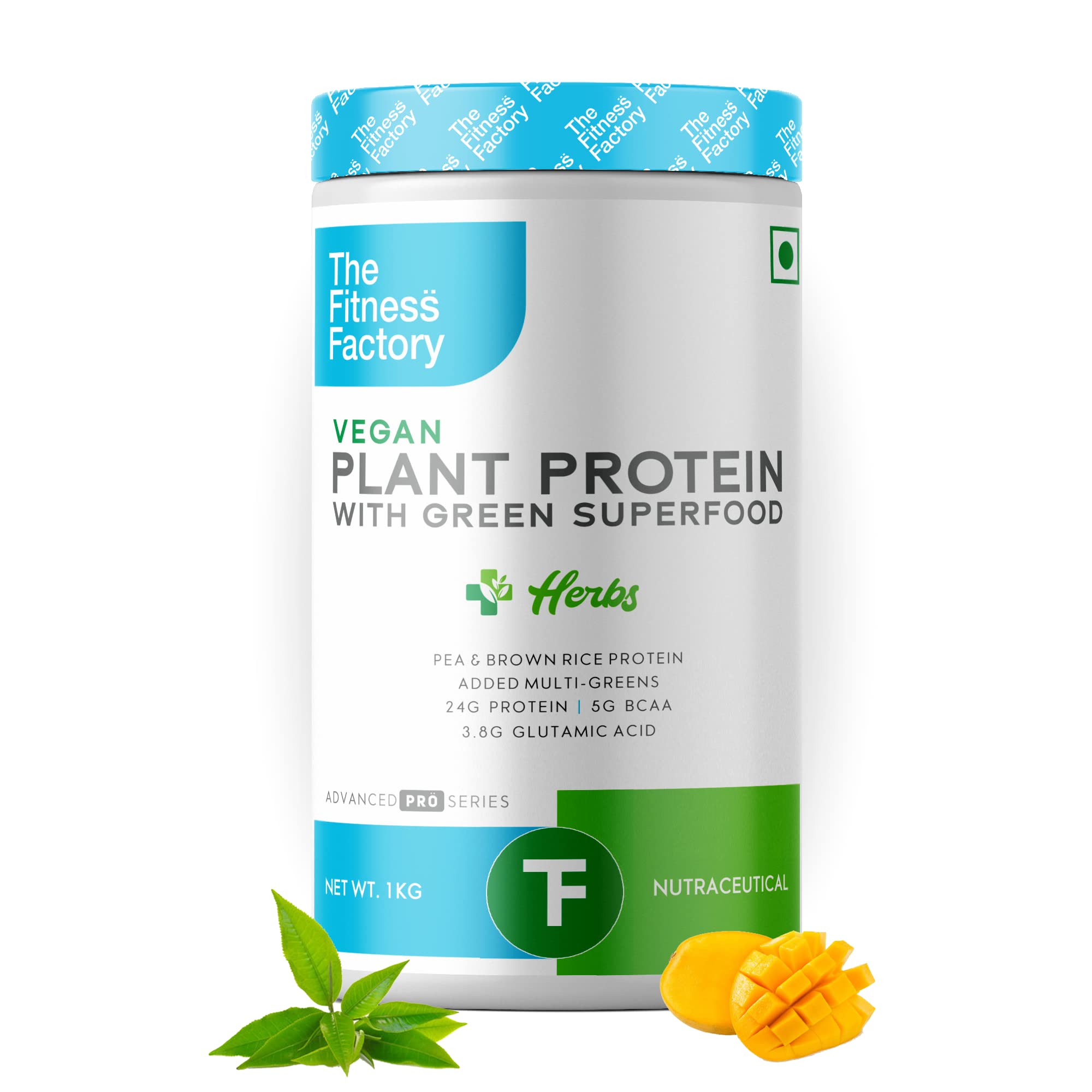 The Fitness Factory|Plant Protein with Superfood|Brown-Rice protein and Multi-Grain| Ashwagandha & Ginseng|Safed Musli & Brahmi Powder 24G Protein,3.8G GLUTAMIC ACID Gree |Gluten free (Mango)