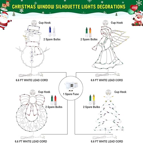 Miniatura 7 de Paquete de 4 luces de silueta de ventana de Navidad, muñeco de nieve iluminado, ángel trompeta, corona, árbol de Navidad, luces de ventana de