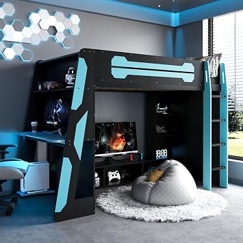 Twin Size Loft Bed with Desk and LED, USB Charging Station, Blue | Gaming Bunker Bed with TV Stand and Bookshelf, for Adults Boys Kids Girls