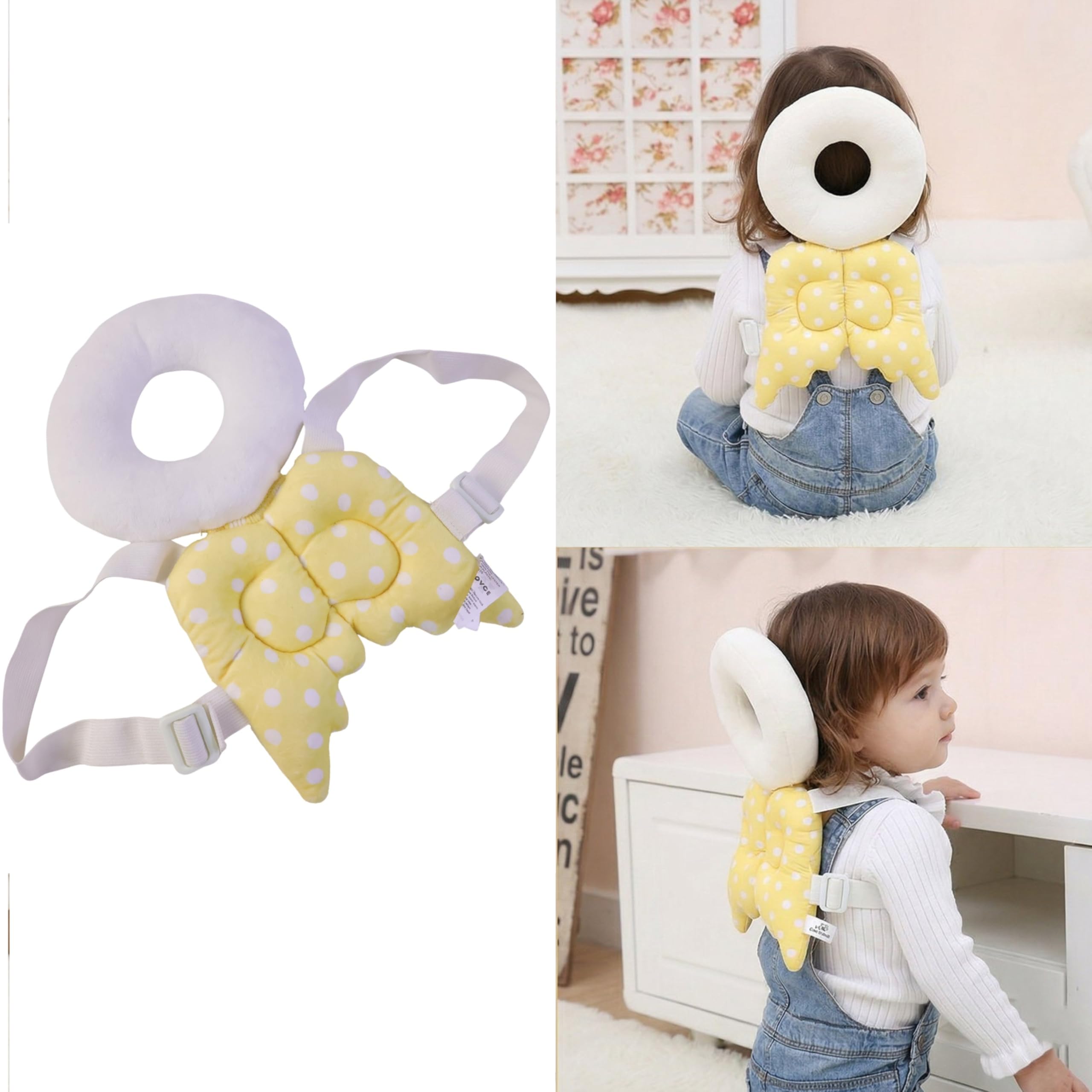 Baby Head Protection Pillow Backpack, Toddler Safety Cushion with Angel Wings, Yellow Polka Dot, Adjustable Straps-image-26