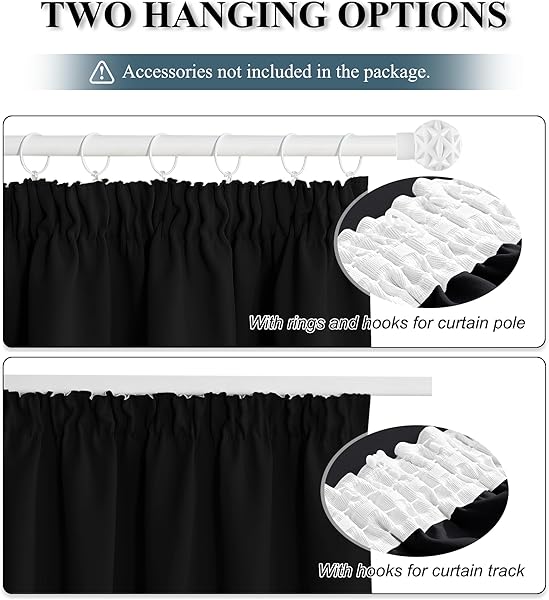 PONY DANCE Black Blackout Curtains for Bedroom 46x54 Inch Pencil Pleat Thermal Insulated Curtains with Hooks for Track Small Black out Curtains & Drapes, 2 Panels, W46 X L54, Black - 3