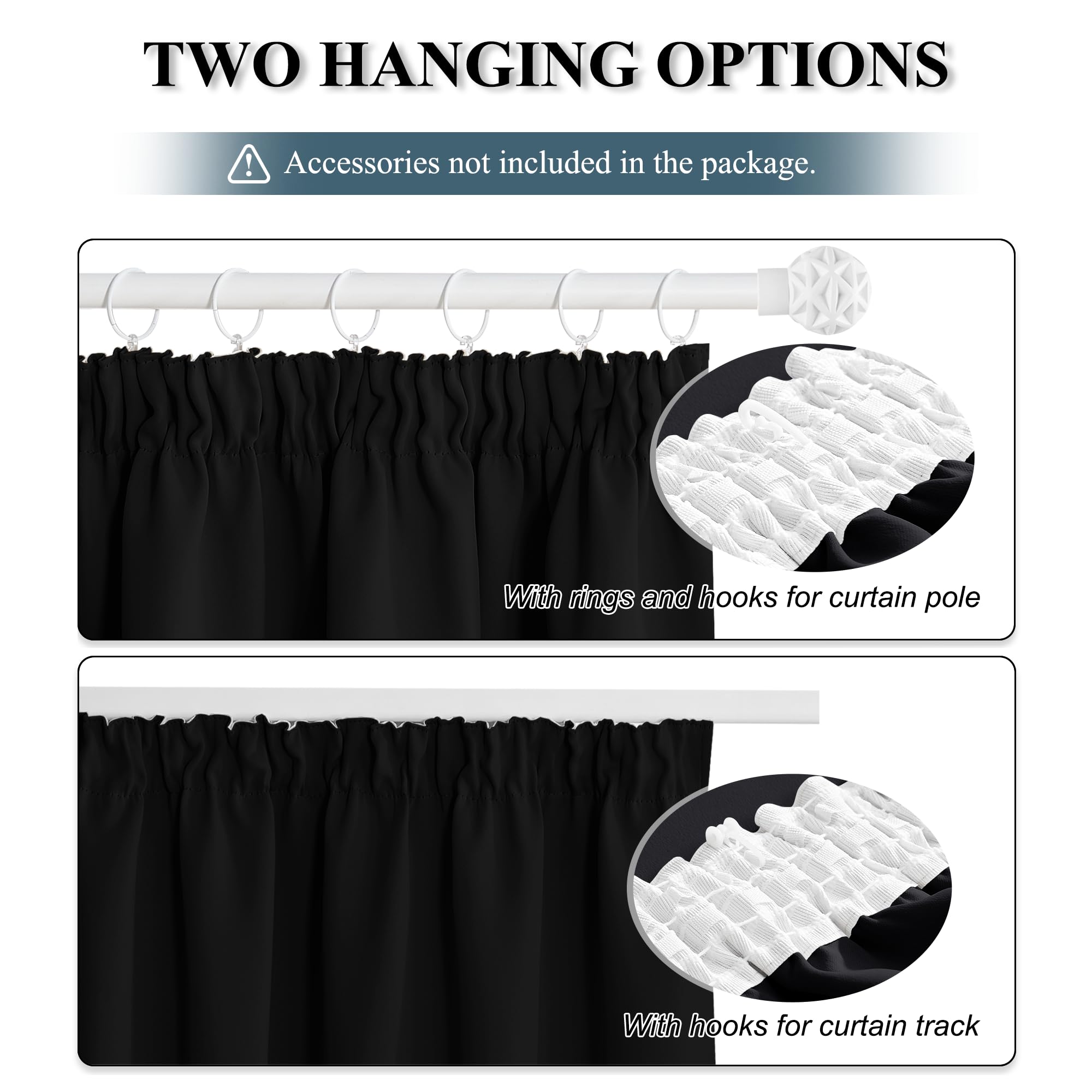 PONY DANCE PONY DANCE Black Blackout Curtains for Bedroom 46x54 Inch Pencil Pleat Thermal Insulated Curtains with Hooks for Track Small Black out Curtains & Drapes, 2 Panels, W46 X L54, Black in use