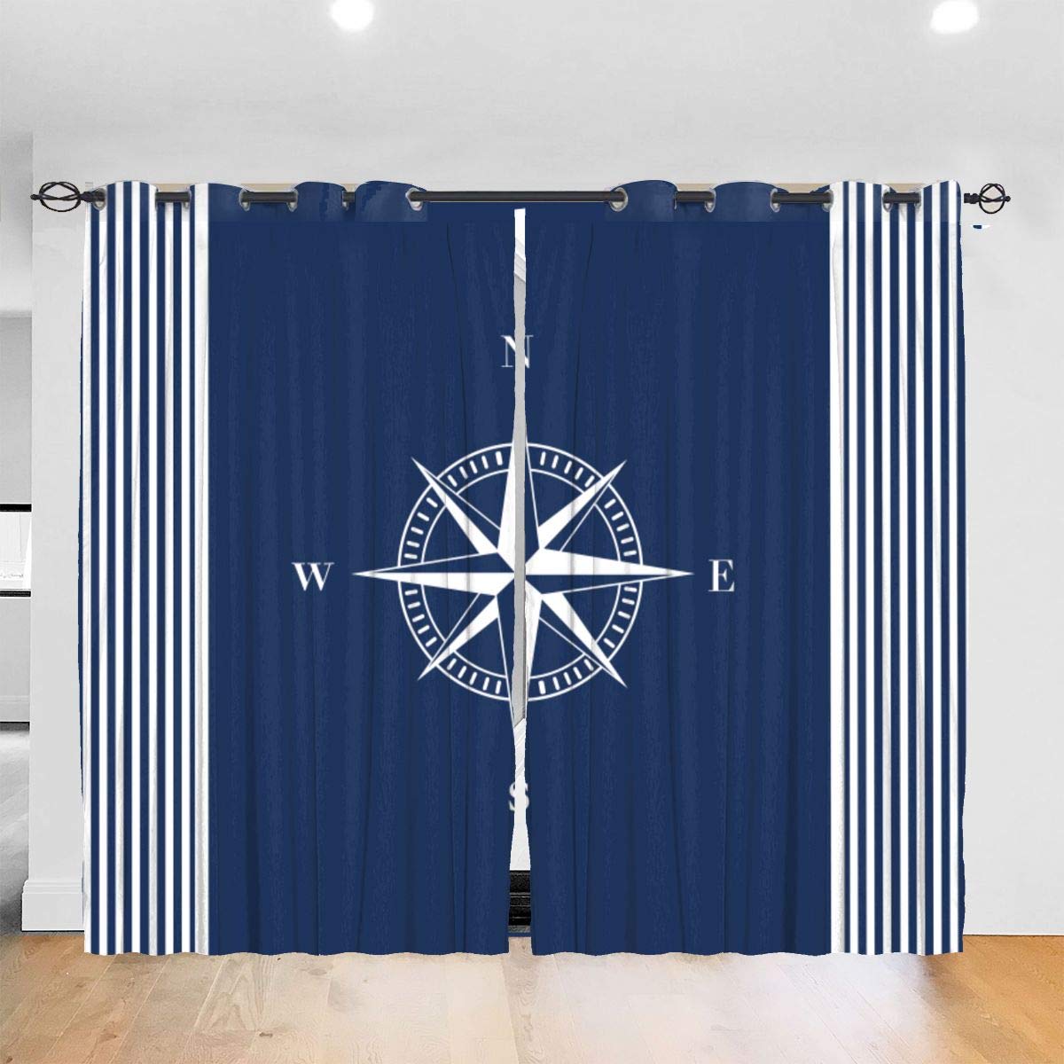 DmiGo Rideaux perforés,Ancres Bleu Marine à Rayures Nautiques Bleues avec Rideaux de fenêtre de Chambre à Coucher de Salon Blanc étoilé,2 Panneaux,260cmx180cm