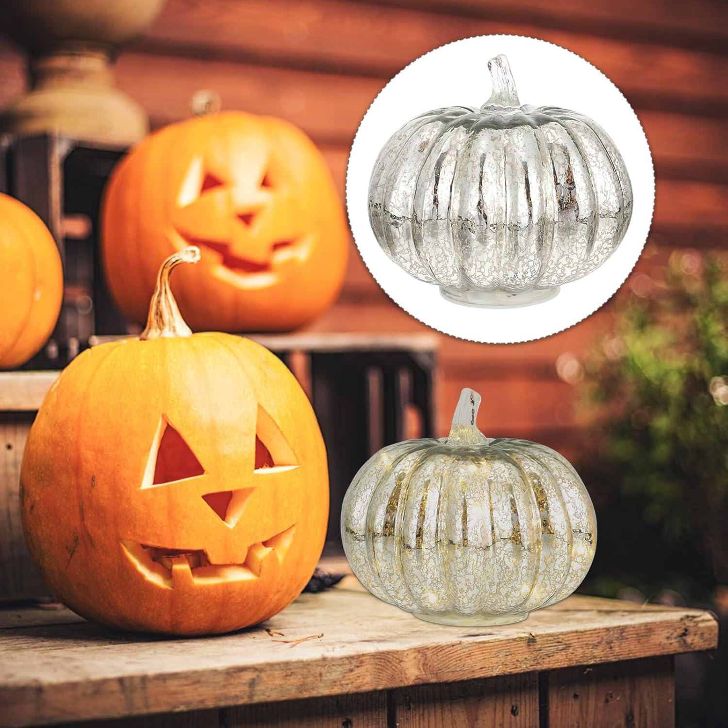FUOYLOO Halloween Pumpkin Lamp Glass Lantern Flickering LED Lights Silver Pumpkin Centerpiece for Fall