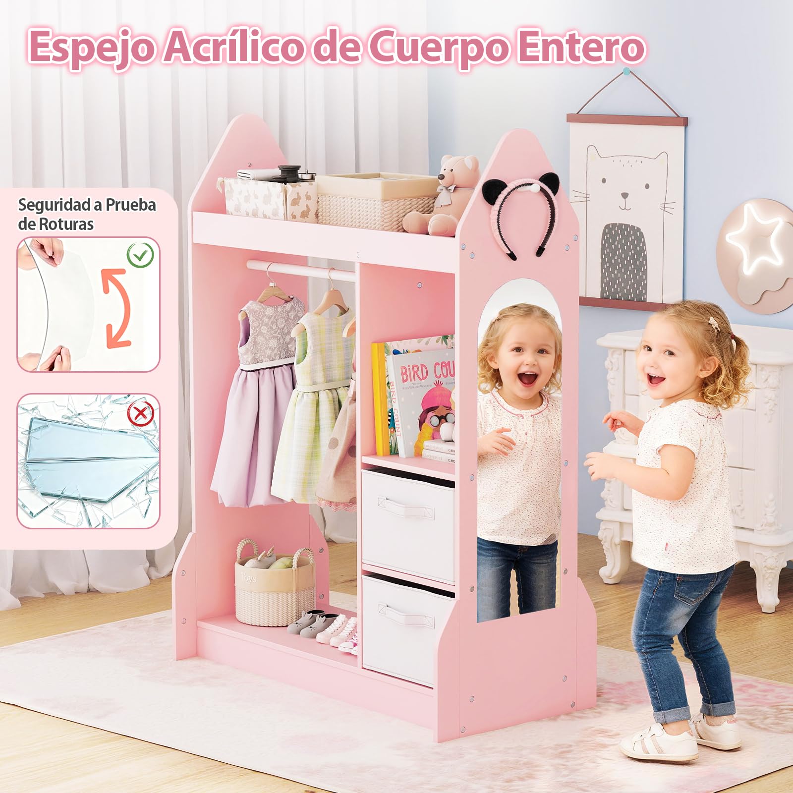 GOPLUS Armario de Almacenamiento para Niños, Ropero con Espejo de Cuerpo Entero, Estantes, Ganchos, 2 Cajas de Tela, Organizador para Juego Imaginativo, Armario de Madera para Dormitorio (Rosa)