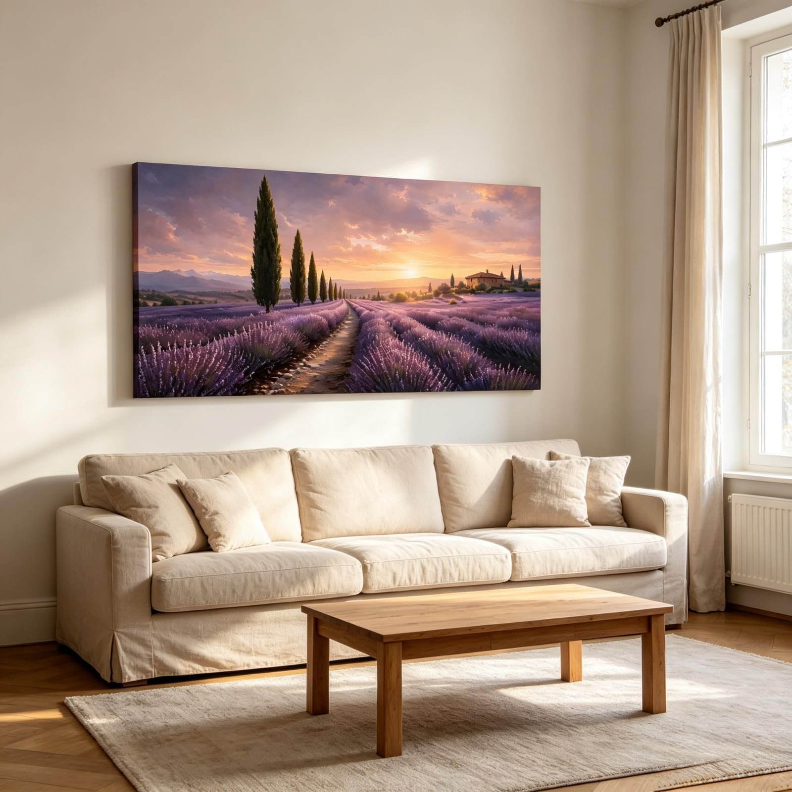 RGsixiot Cuadro en Lienzo Realista Horizontal Campo Lavanda al Atardecer