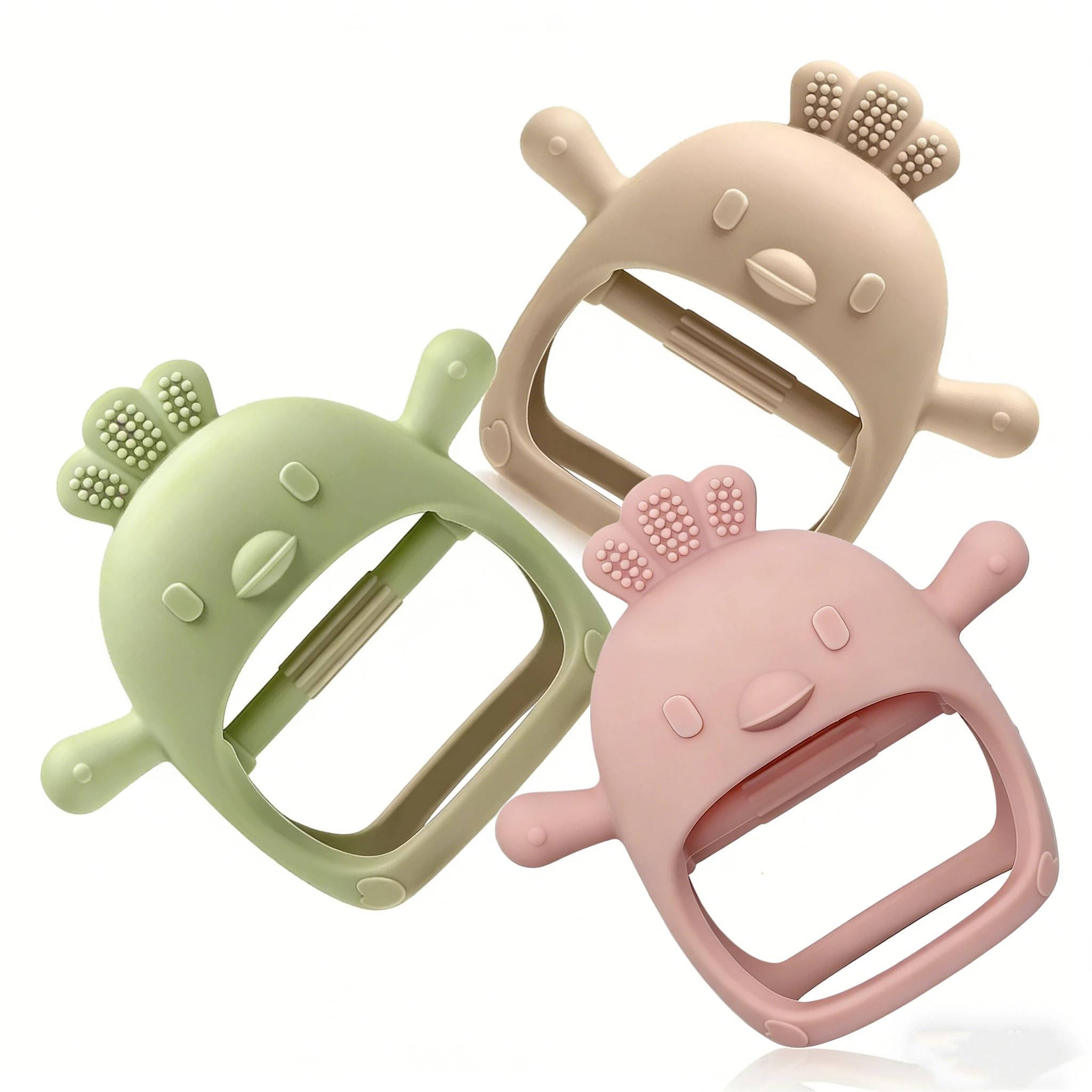 TKLake Baby Teething Mittens: Soft Silicone Teething Gloves for Babies 0-6 Months, Anti-Drop Wrist Design Hand Teether for Infant Toddler, Teething Relief Chew Toys (Beige Green Pink, 3 Pack) — image 1