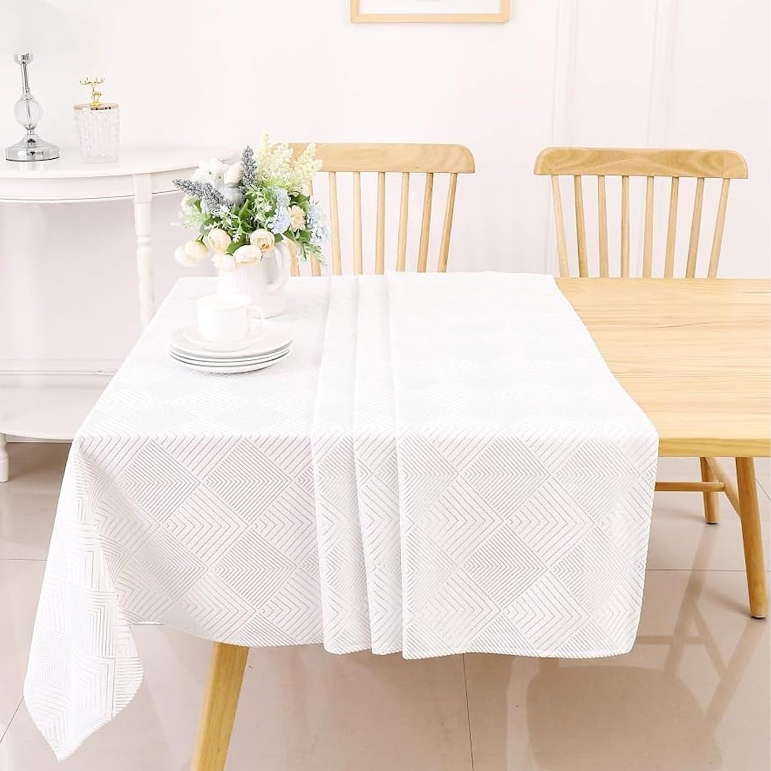 Majestic Giftware Velvet Tablecloths for Rectangle Tables | (70/108) - TC1407 Silver Geometric Print Hem Stitch Dining Table Cover | Decorative Washable Rectangle Tablecloth for Kitchen, Dinning