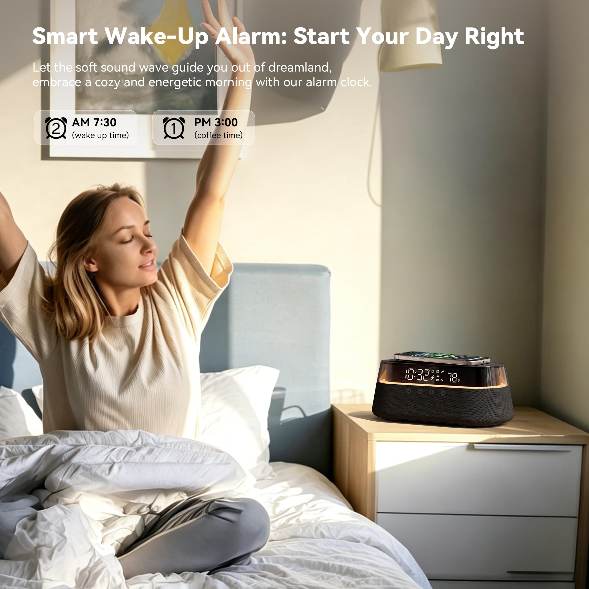 Altoparlante Bluetooth con Sveglia Caricatore Wireless 15W con Telecomando | Doppia Sveglia con Radio, Funzione Snooze e Luce Notturna per la Camera da Letto o l'ufficio Regalo Uomo Donne