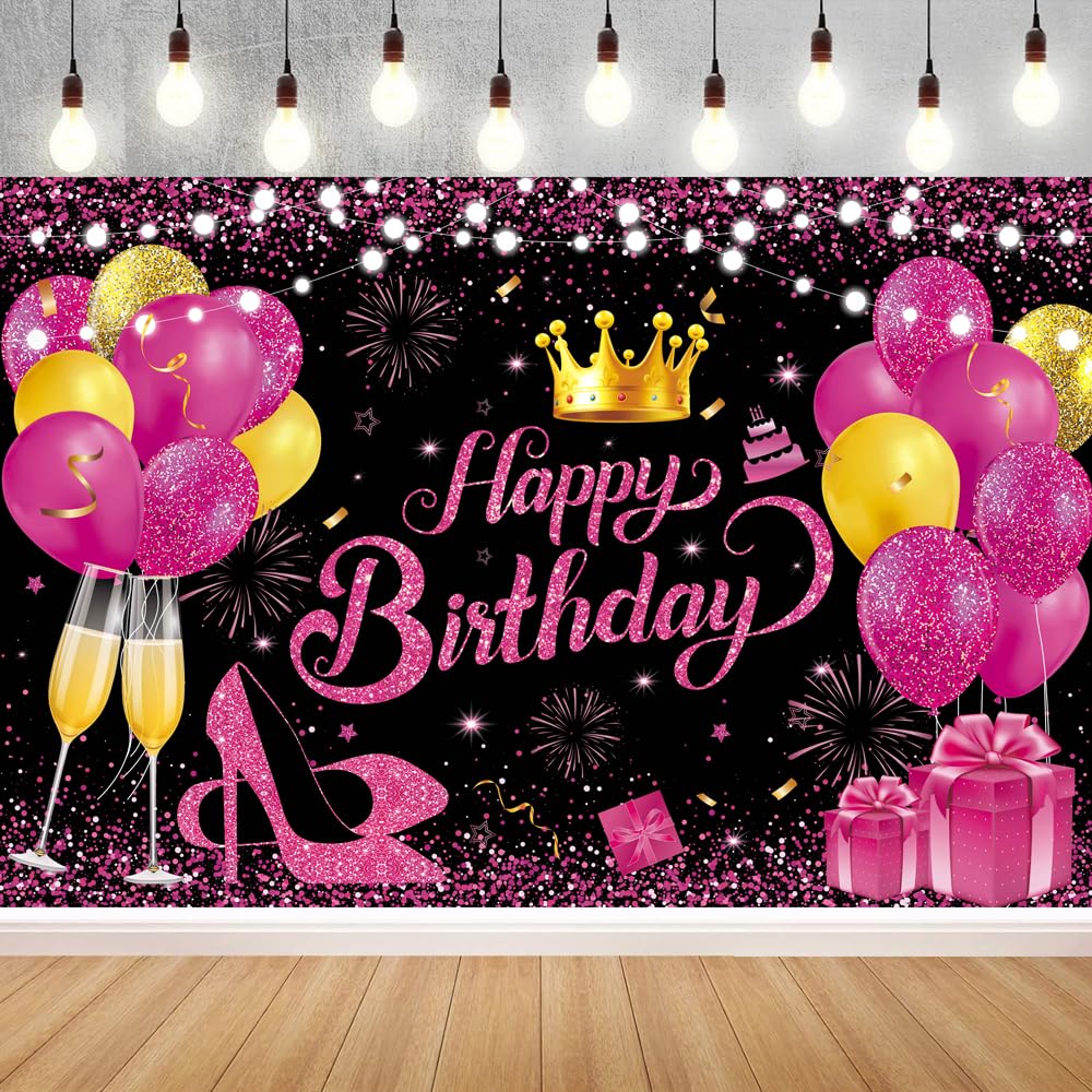 Photo 1 of YinQin Black Hot Pink Gold Happy Birthday Party Photo Backdrop Background