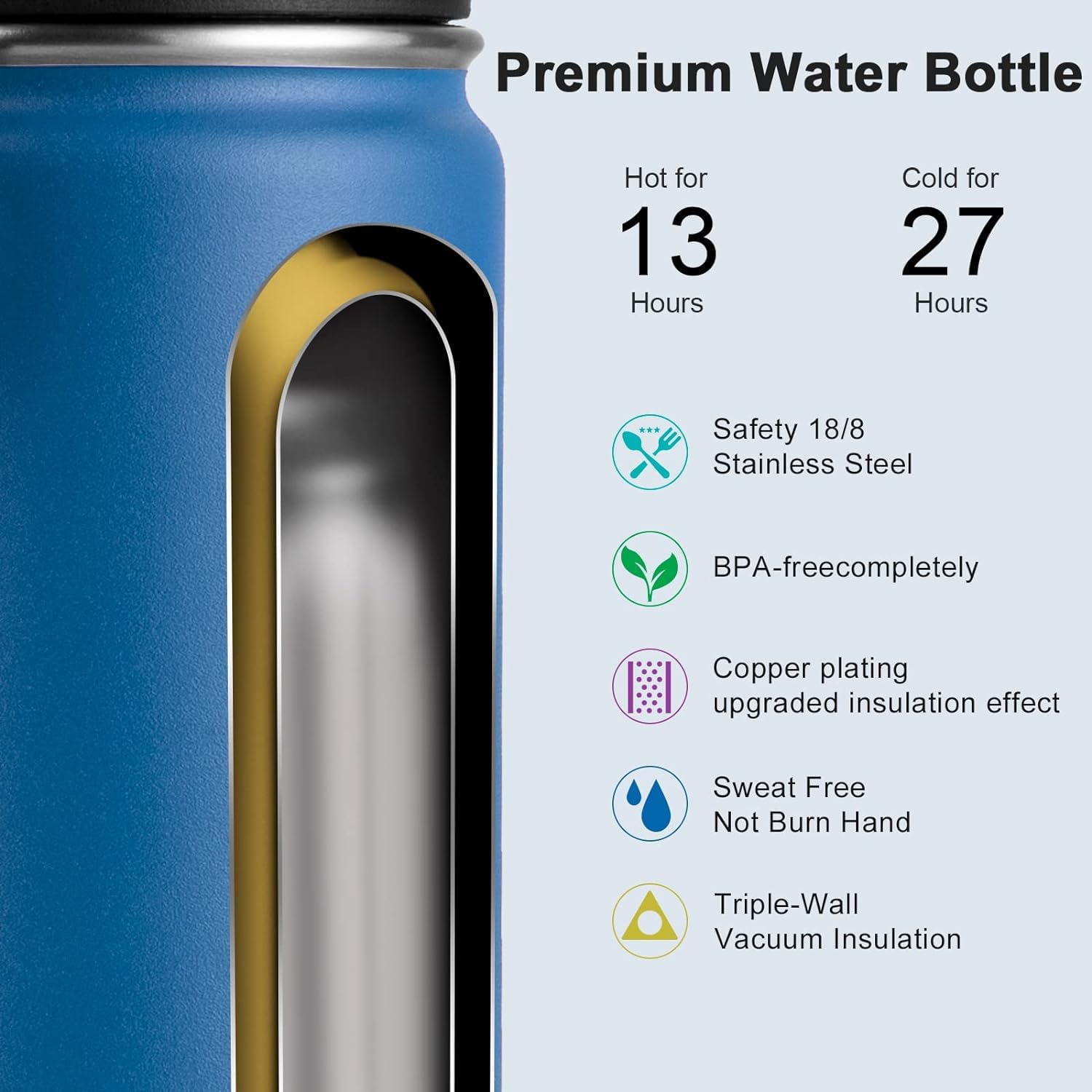 koodee Isolierte Wasserflasche, 900 ml, Edelstahl, doppelwandig, Vakuum, breite Öffnung, Sportflasche mit auslaufsicherem Auslaufdeckel, Marineblau