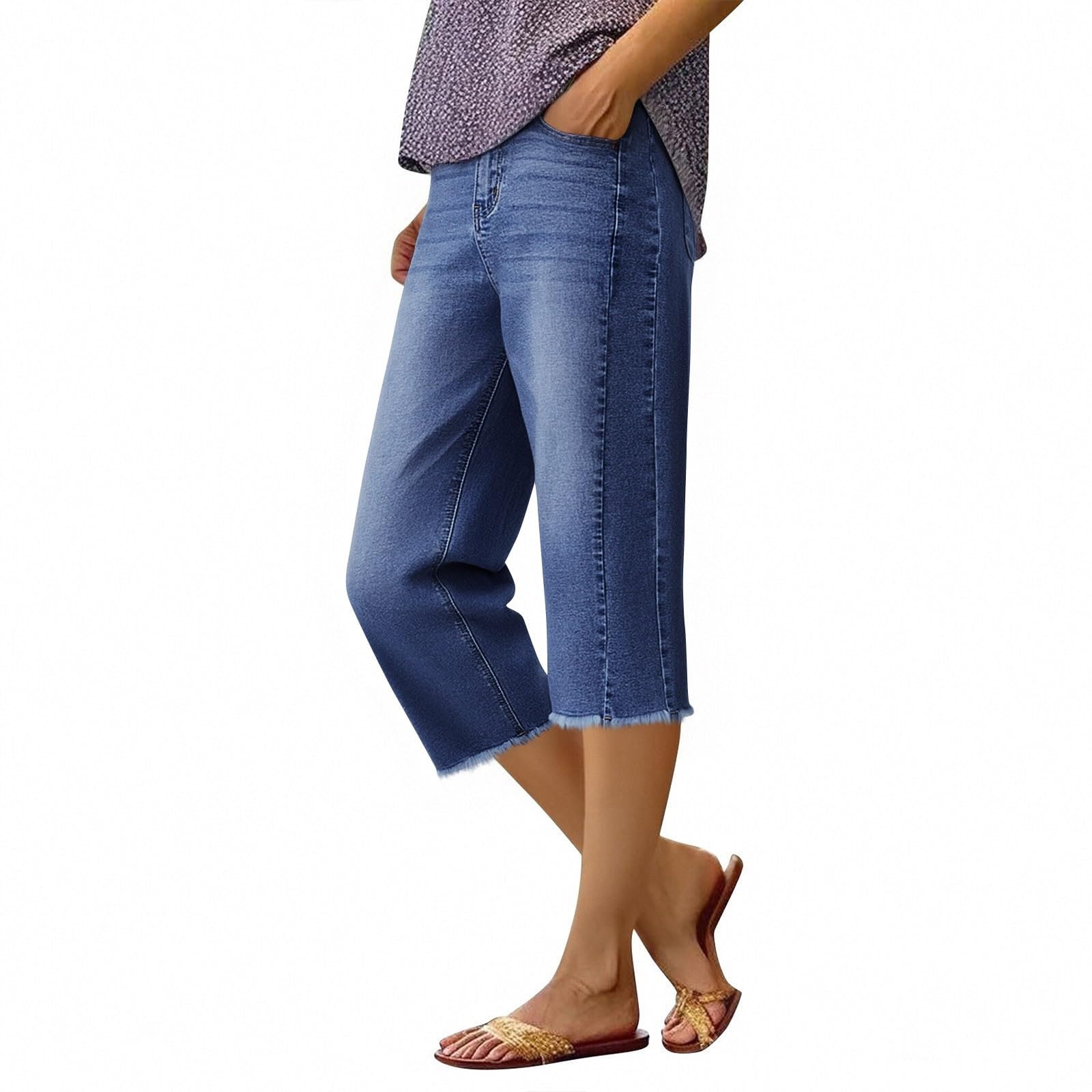 Jeanshose Damen Caprihose Denim Culotte Hose Hohe Taille Mit Fransen Saum