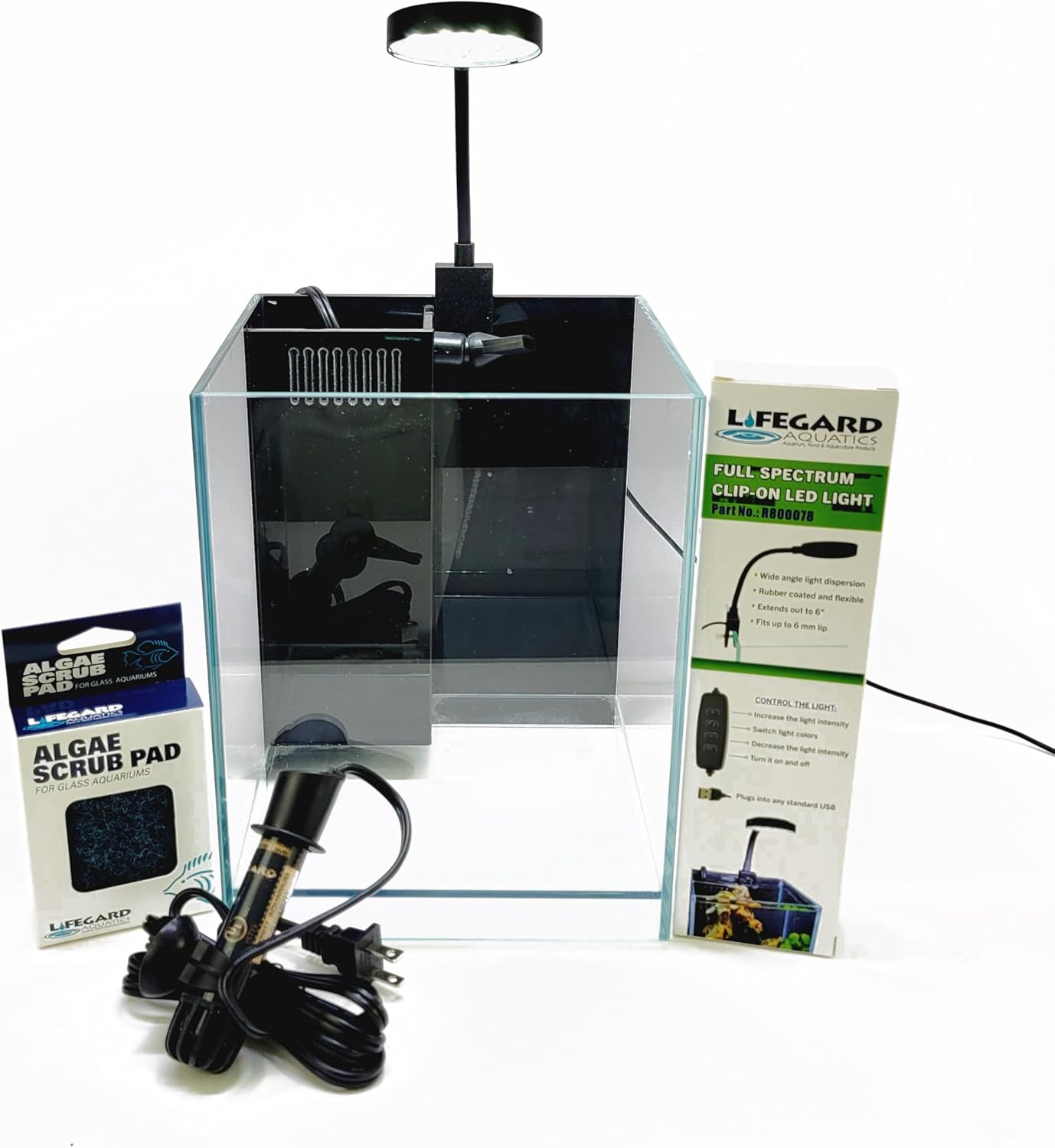 Lifegard Aquatics 1.2 Gallons Low Iron Elevated Aquarium Kit with Built in Corner Filter - Heater, LED Light and Algae pad Included,Clear Glass