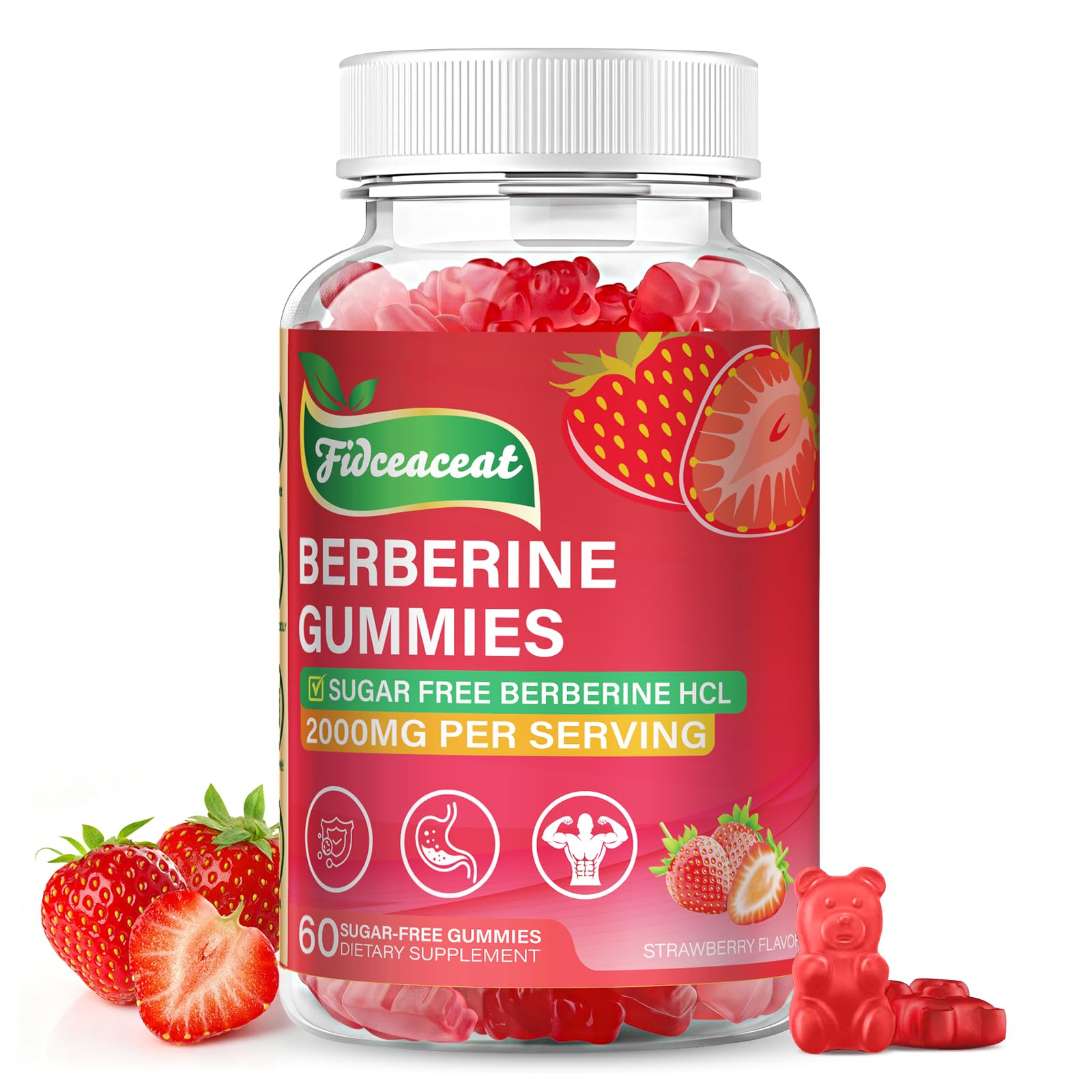 Berberine 2000mg Gummies with Organic Berberine HCl, Vegan and Gluten-Free Supplement in Natural Strawberry Flavor, 60 Count
