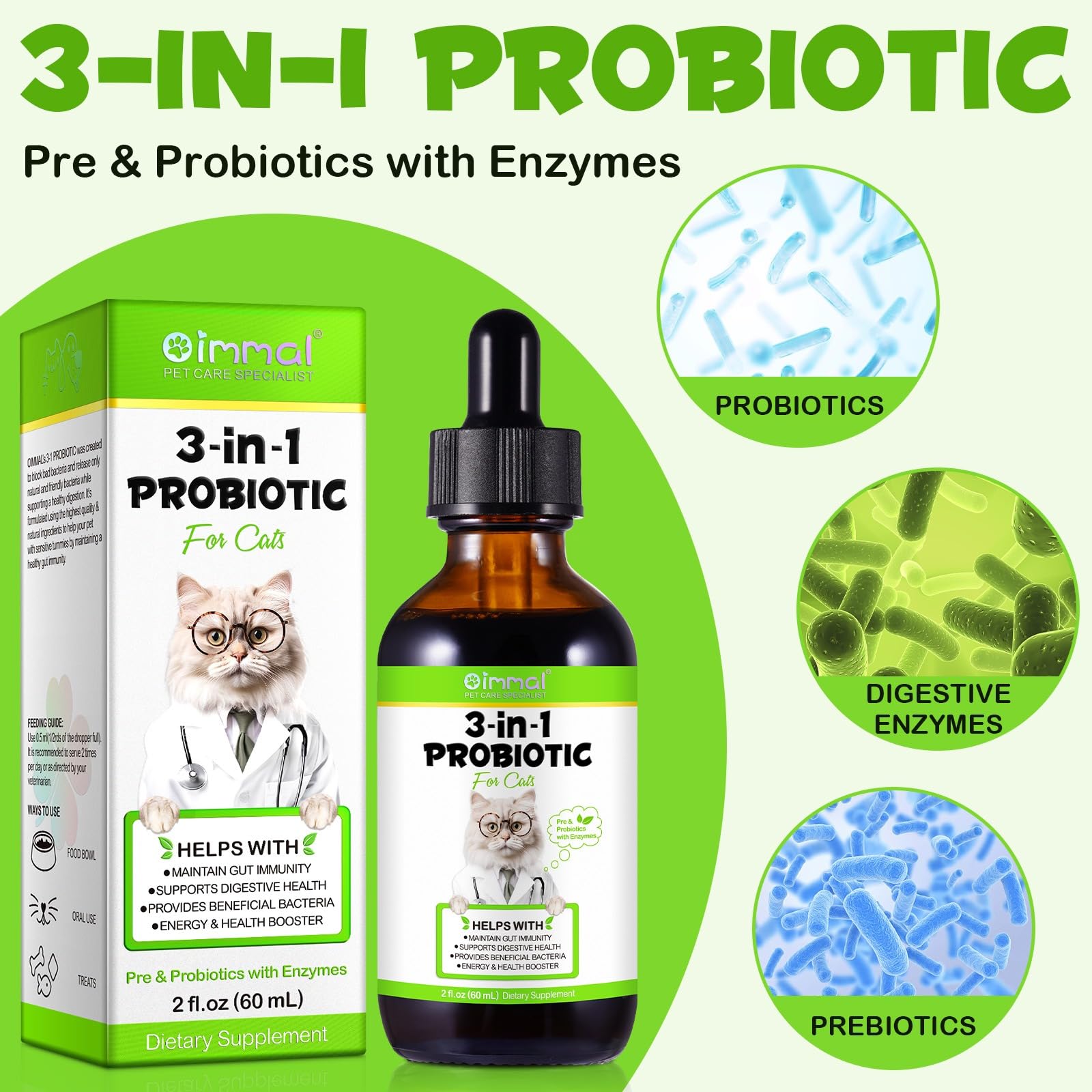 Probiotico per gatti, probiotici 3 in 1 per gatti domestici per alleviare la diarrea, supportare la salute intestinale, il prurito della pelle e l'immunità, integratore digestivo - 60 ml