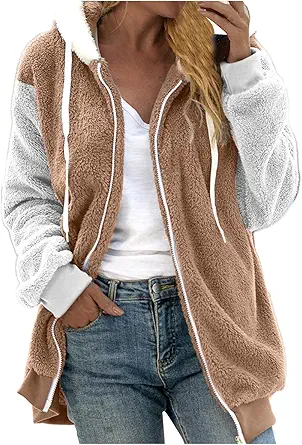 Fuzzy Fleece Jackets for Women Plus Size Hoodies Fall Winter Coats Color Block Patchwork Cardigan Coat with Pockets