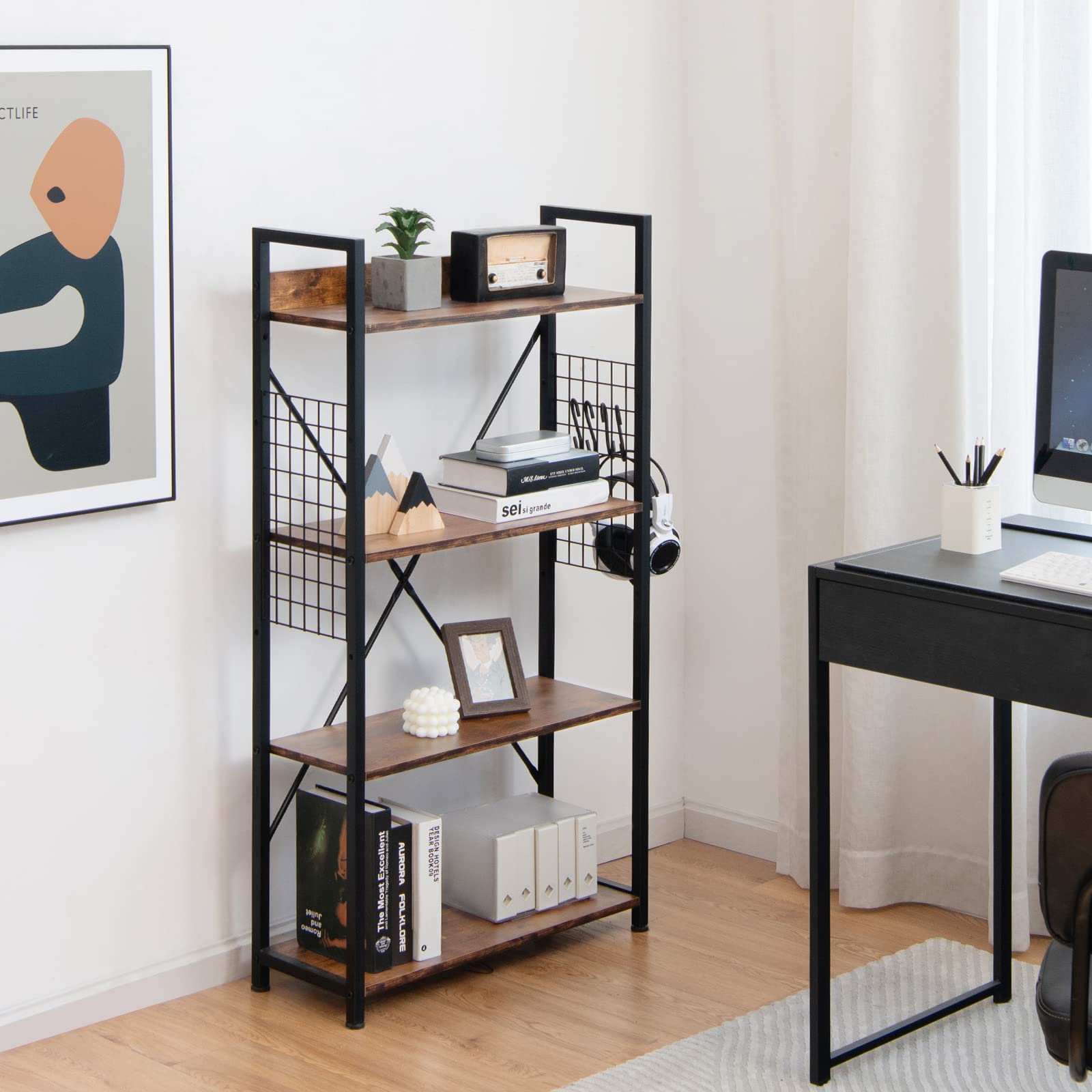 HOMASIS Estantería Industrial de Pie con 4 Niveles, Estantería de Oficina con Rejilla y Ganchos, Librería Vintage para Salón, Dormitorio, Estudio, con Patas Ajustables, 64x24x110cm, Negro y Marrón