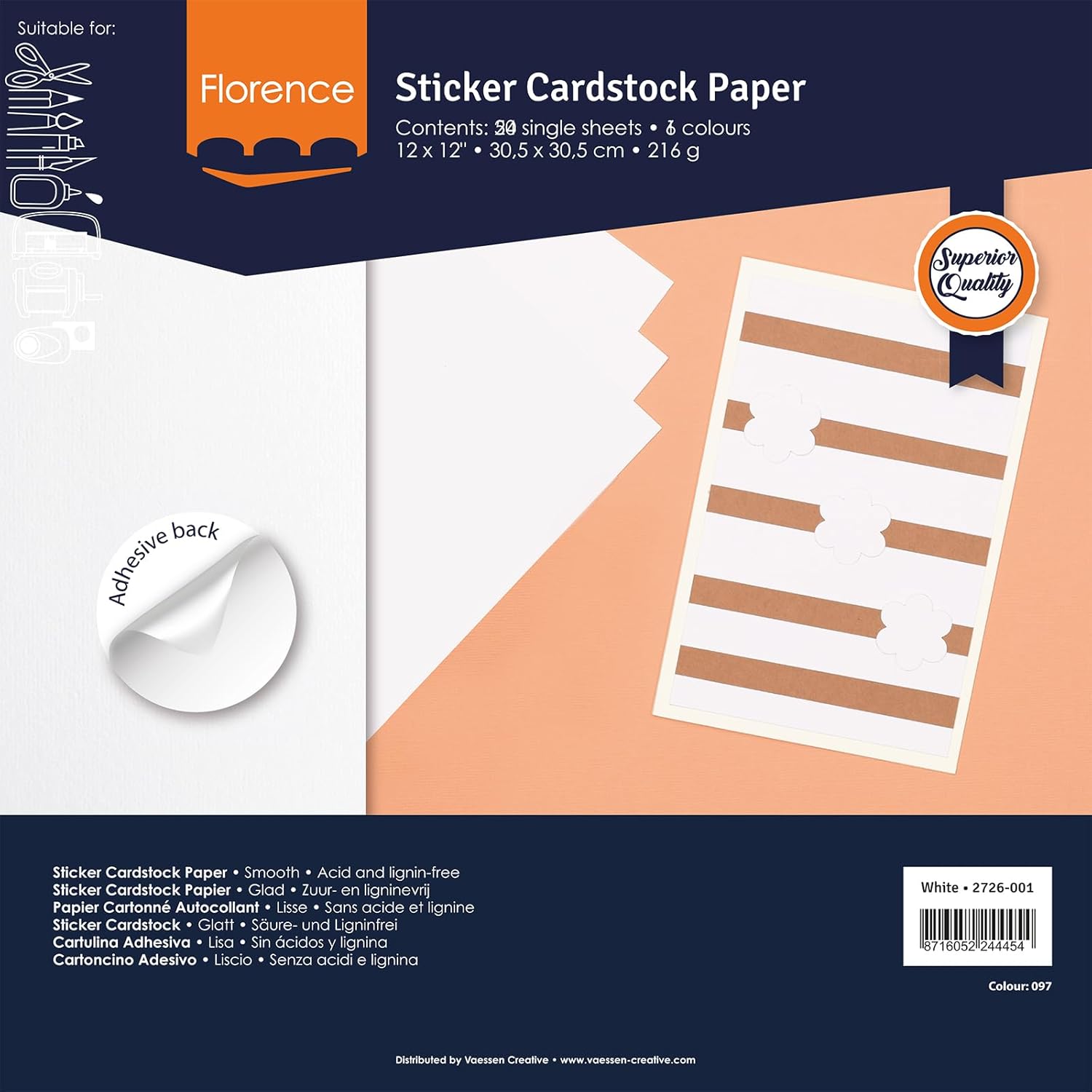 Florence Printable Sticker Paper - 12 x 12 inch - 50 Sheets - White - Smooth Self Adhesive Paper Cardstock for Printer, Labels, Stickers and DIY Projects - 216 GSM