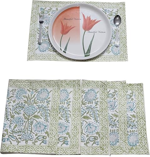 Miniatura 6 de RADHIKA IMPEX Juego de 6 manteles individuales para mesa de comedor con servilletas, algodón indio impreso a mano, lavables, para servir alimentos