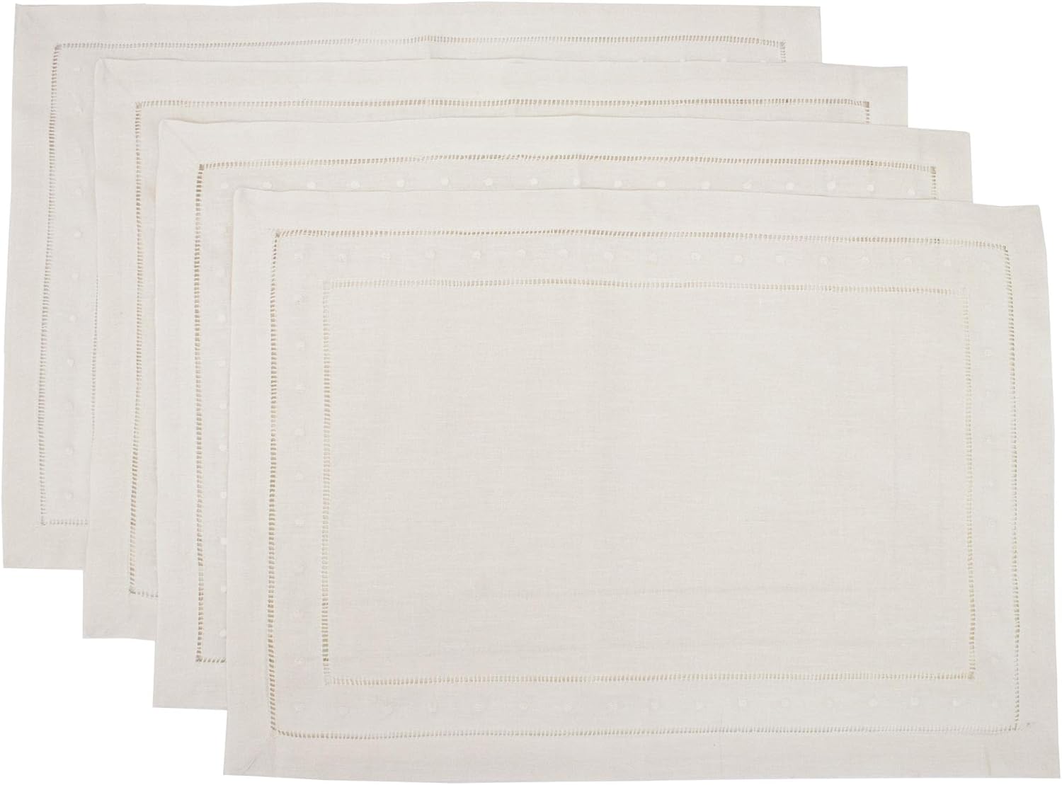 Fennco Styles Hand Hemstitched and Embroidered Swiss Dot Coasters Cocktail Napkins. White Color. 6" Square. Set of 4.