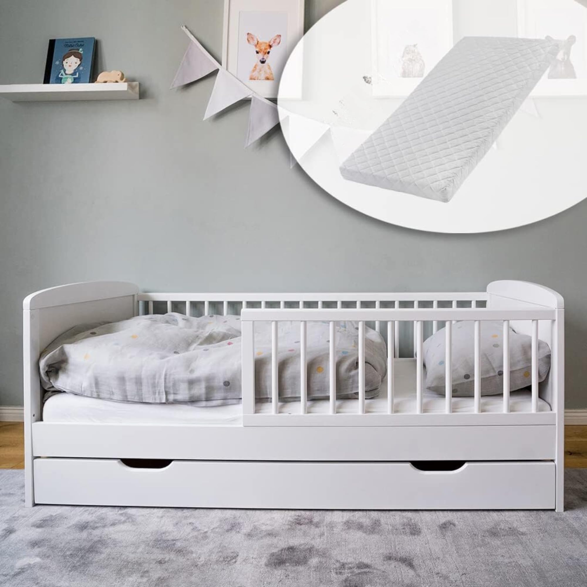 Lit d'enfant 140x70 cm en Bois Massif Blanc avec Matelas, Sommier à Lattes et Tiroir