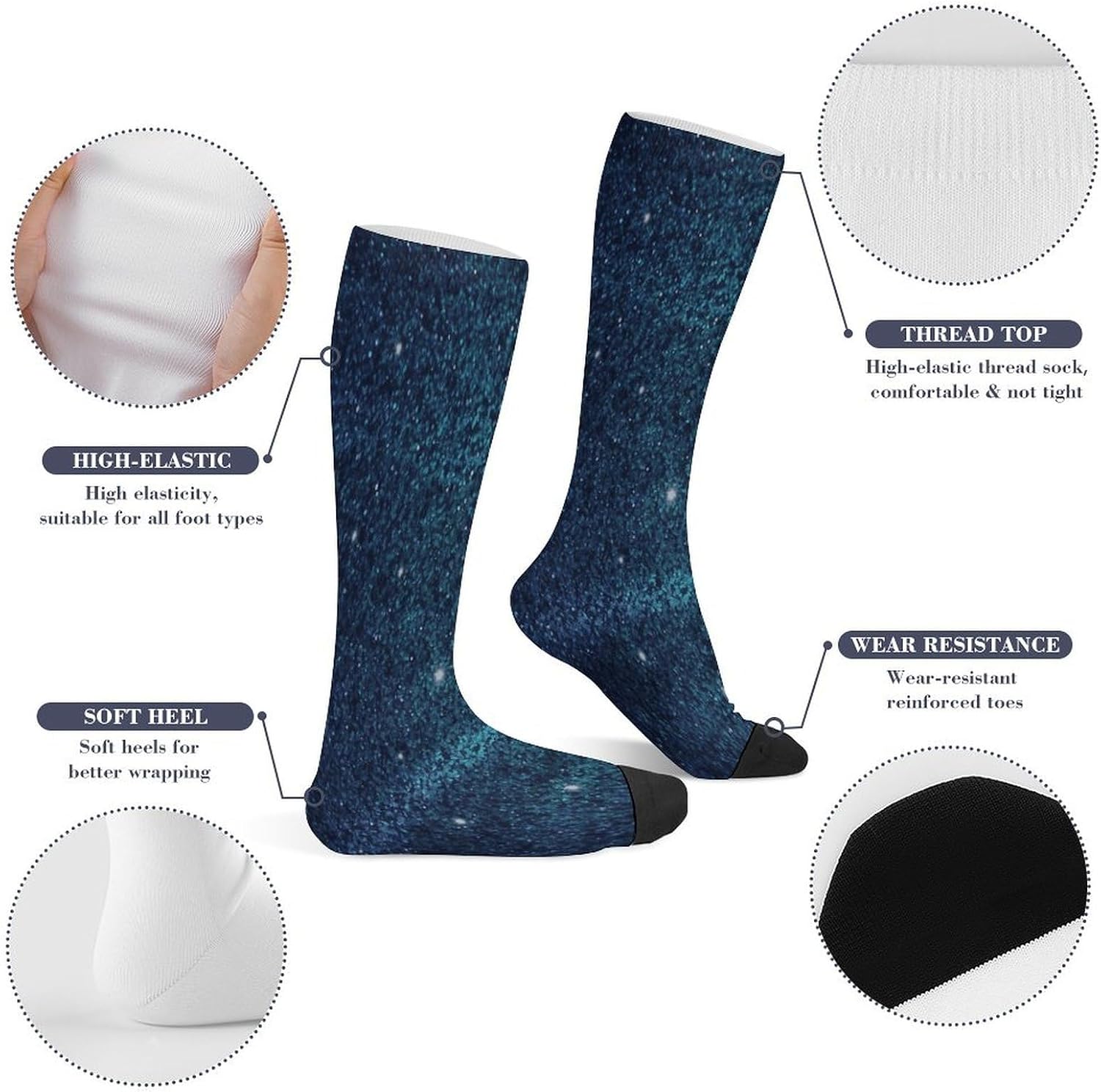 Teal Glitter Socks Casual Athletic Long Sock Lightweight Sport Crew Sock Cozy Work Boot Socks for Hiking Sports Running Workout Gym