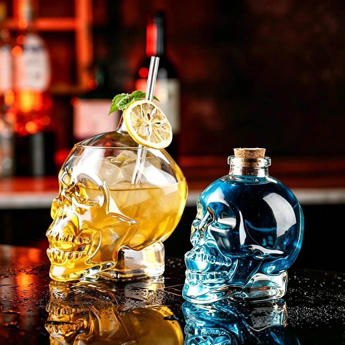 Szklana butelka na alkohol z trupią czaszką, z zamknięciem korkowym, 3 rozmiary 240/450/800 ml, przezroczysta butelka dekantująca do whisky, rumu, likieru i koktajli, prezent do baru domowego