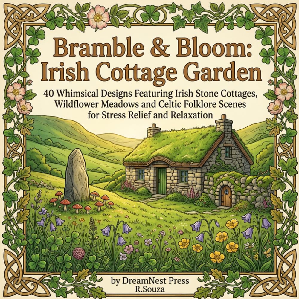 Bramble & Bloom: Irish Cottage Garden Coloring Book for Adults: 40 Whimsical Designs Featuring Irish Stone Cottages, Wildflower Meadows and Celtic Folklore Scenes for Stress Relief and Relaxation