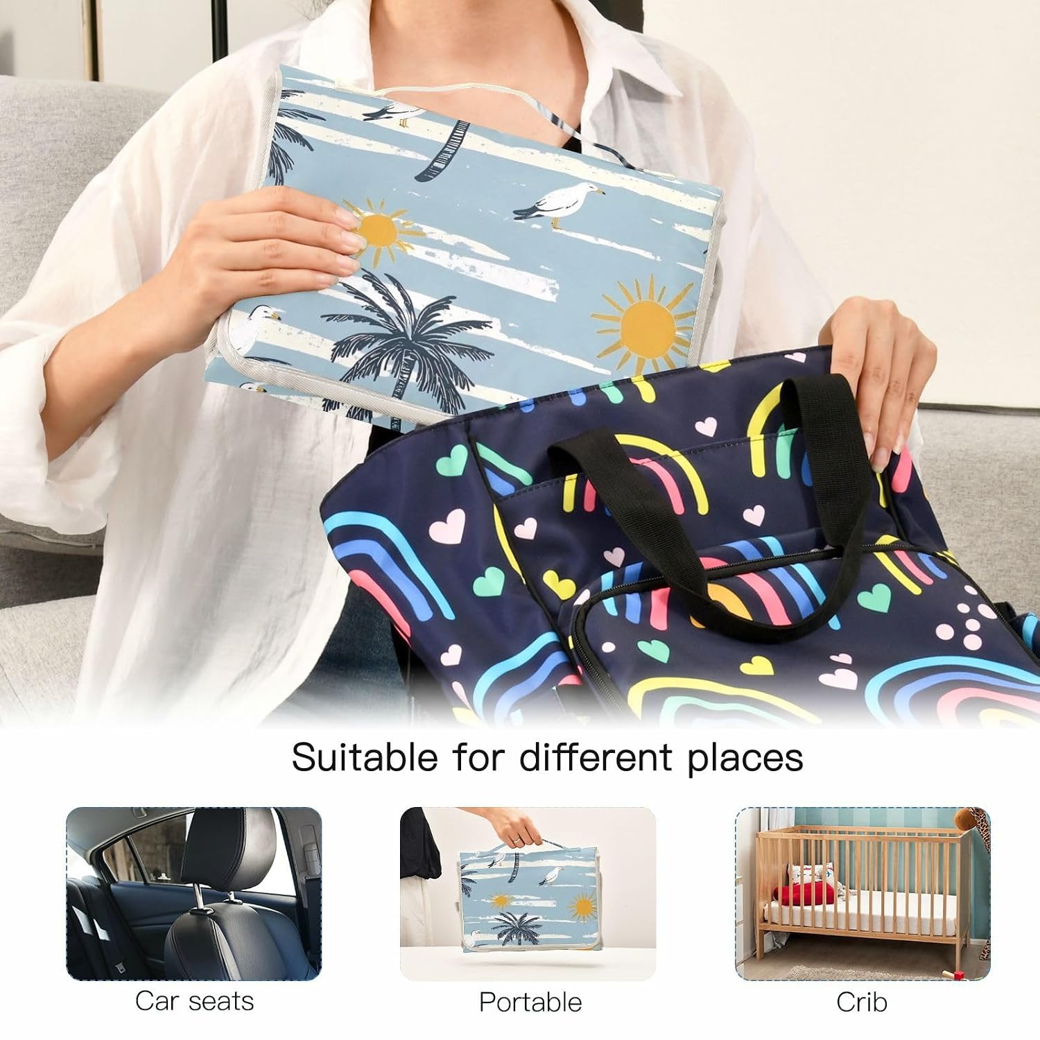 Summer Palm Trees Blue Stripe Reusable Changing Pads with Tissue Pocket Baby Portable Changing pad with Built-in Pillow cambiador de pa?ales para Bebes