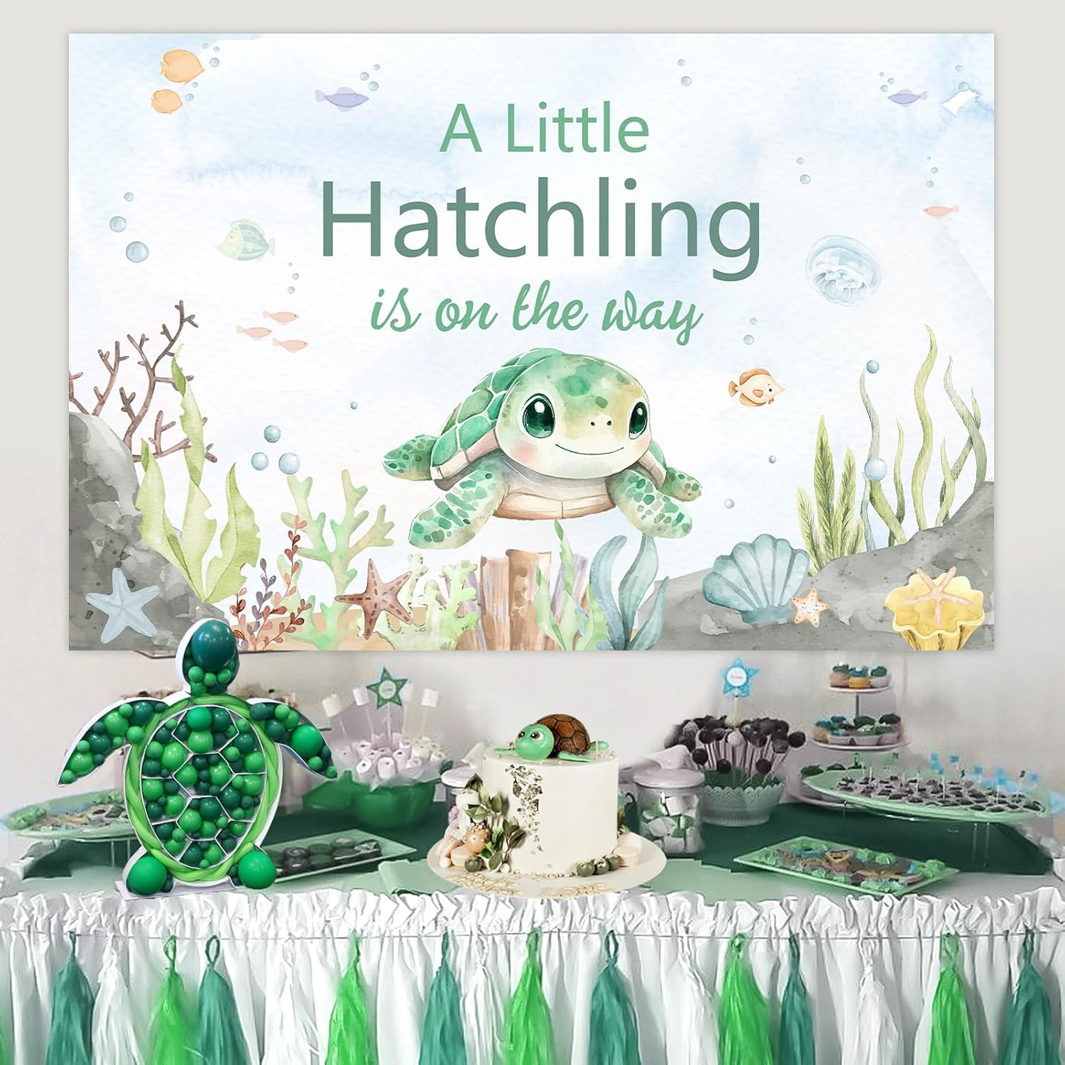 Jollyboom Sea Turtle Baby Shower Decoration Boy, A Little Hatchling is on The Way Backdrop Banner 5×3ft Sea Turtle Background Props for Sea Turtle Under The Sea Ocean Creature Baby Shower Decoration