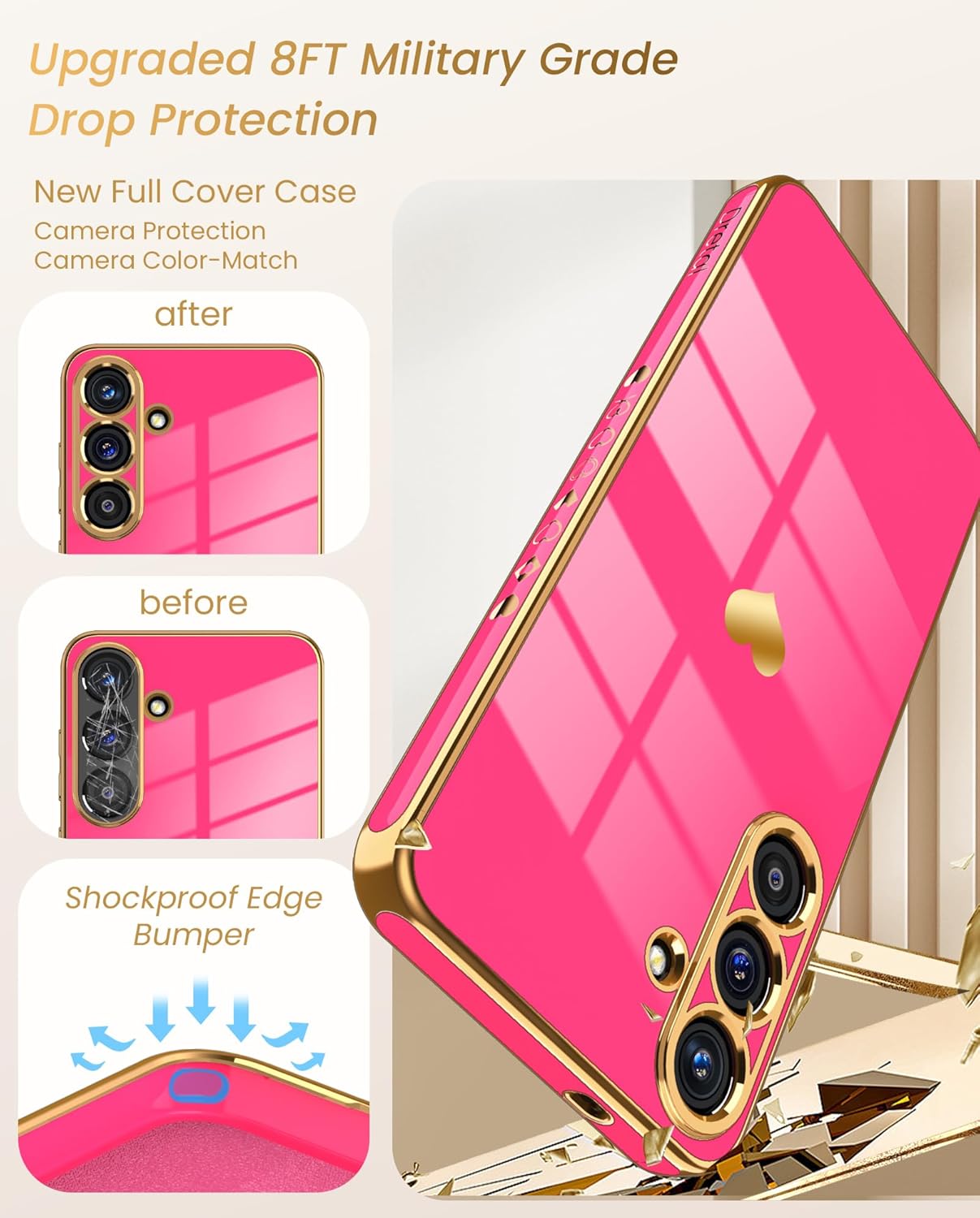 Dretal for Samsung Galaxy S25+ Plus 5G Case with Screen Protector, Women Girl Cute Girly Love-Heart Luxury Gold Soft Camera Protection Bumper Shockproof Phone Case for Galaxy S25+(Hot Pink) - Image 7